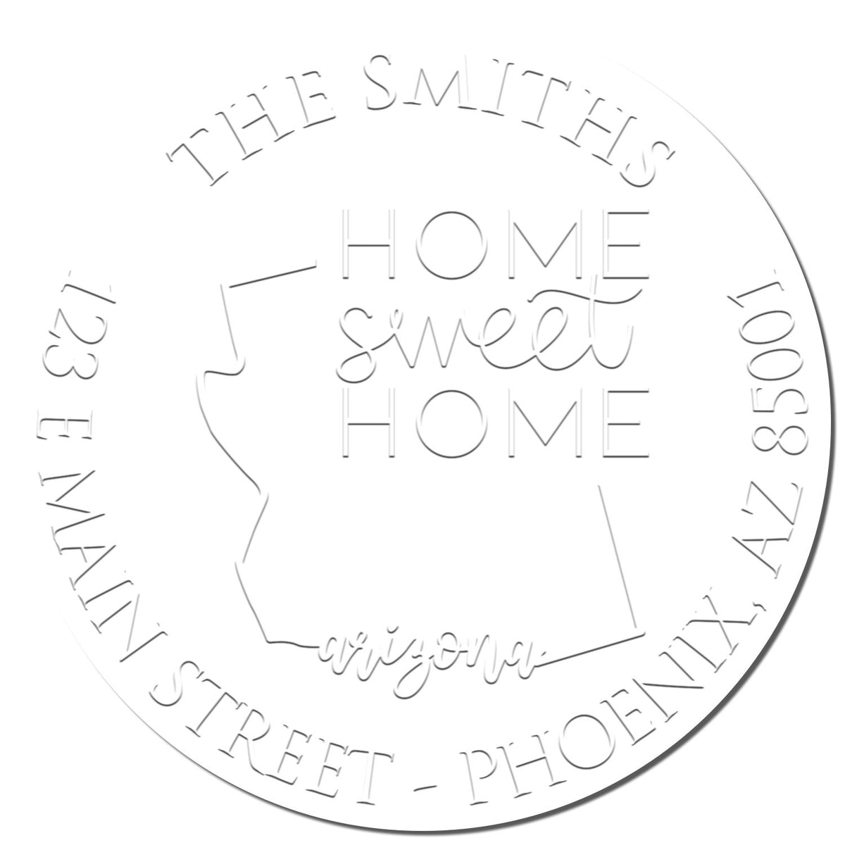 Shiny Round AZ Soft Personalized Mailing Address Seal Stamp Embosser with enlarged imprint showing state of Arizona design.