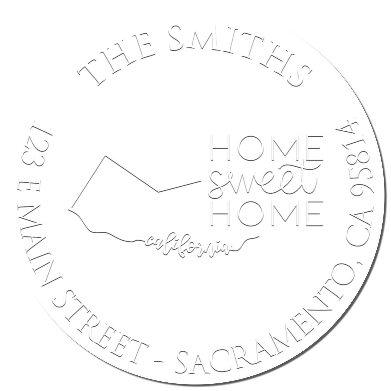 Round white embossing seal stamp for The Smiths, with Home Sweet Home, California, and circular address text.