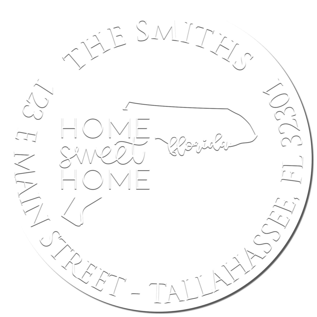 Shiny Round FL Soft Personalized Mailing Address Seal with State Love Stamps design, featuring an enlarged imprint of the seal.