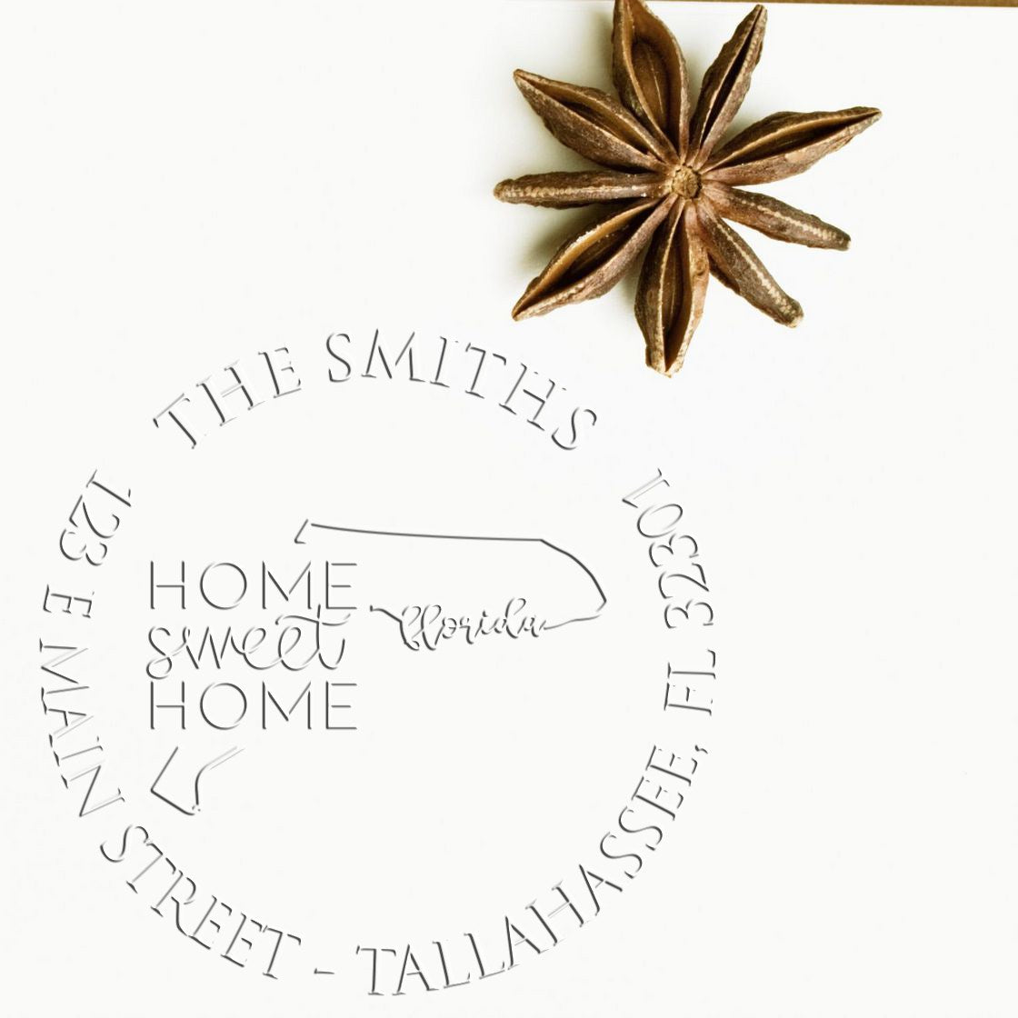 Shiny Round FL Soft Personalized Mailing Address Seal featuring state love design, in use on an envelope.