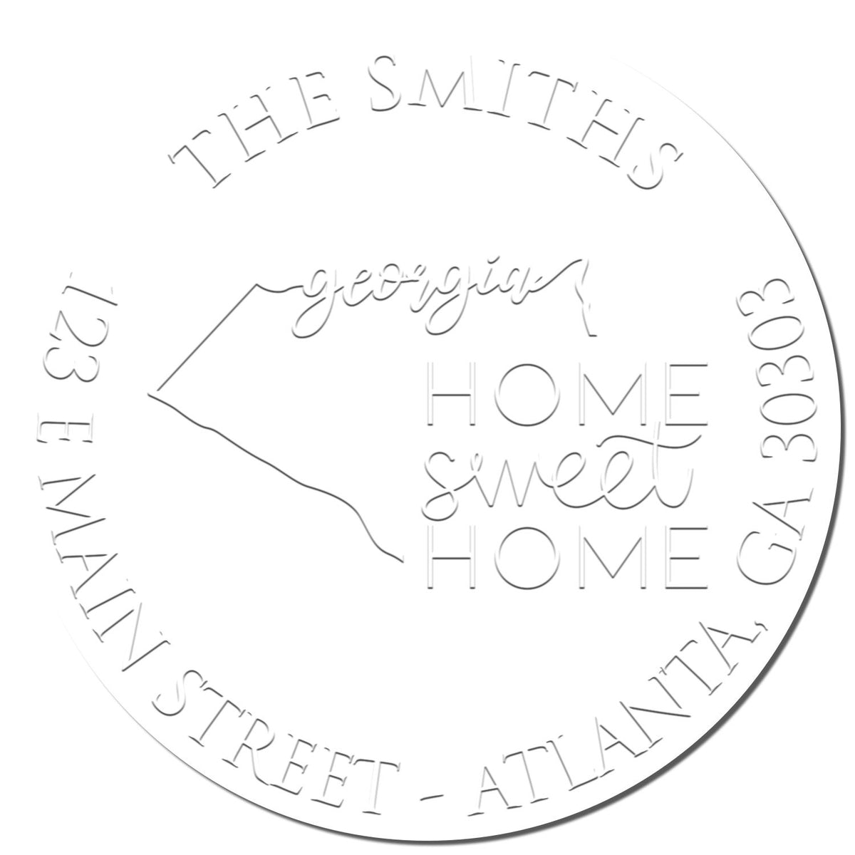 Shiny Round GA Soft Personalized Mailing Address Seal Stamp with State Love design, showing an enlarged imprint on paper.