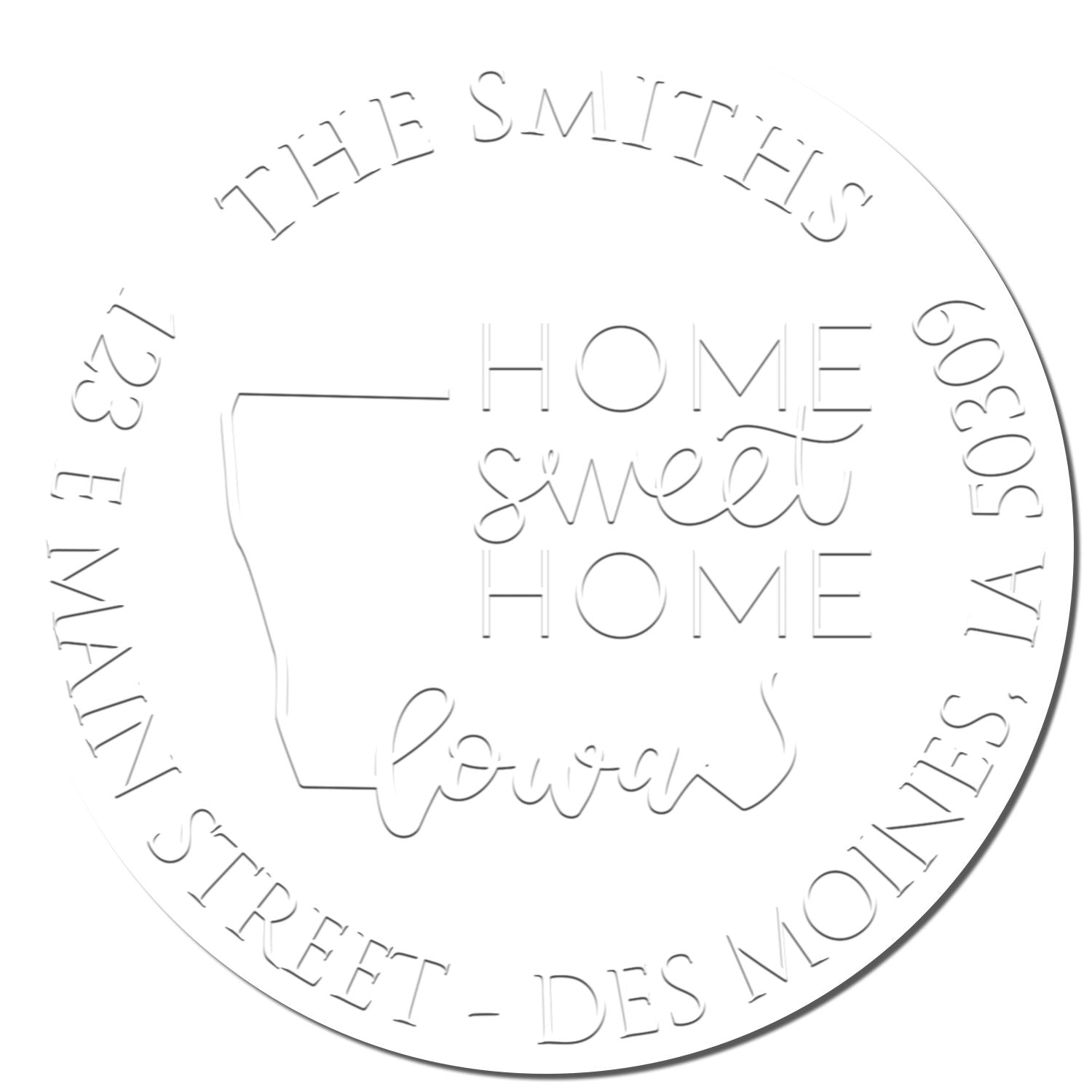 White circular custom stamp seal with gray embossed text The Smiths and Home Sweet Home around a Louisiana outline.
