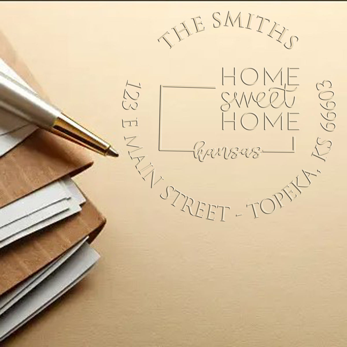 Shiny Round KS Soft Personalized Return Embossed Seal featuring a state love design in use on paper.