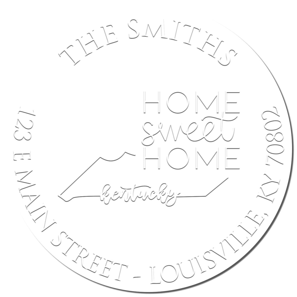 Enlarged imprint of Shiny Round KY Soft Personalized Return Embossing Seal featuring a state love design and detailed embossing.