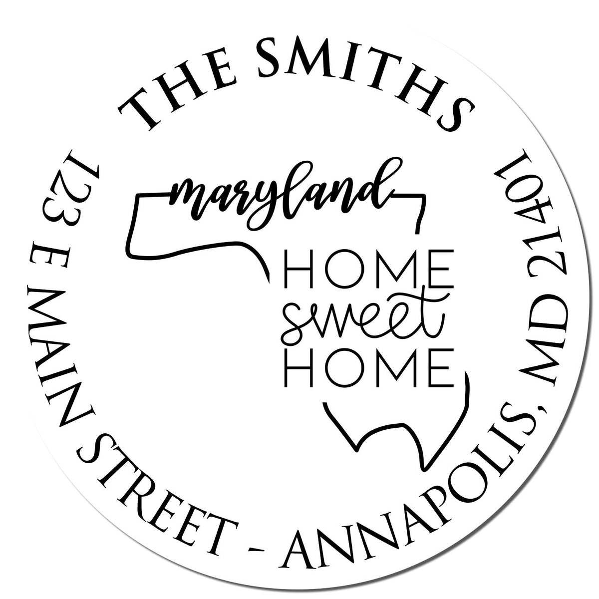Black custom round stamp seal with Maryland outline and The Smiths home sweet home text in black on white.