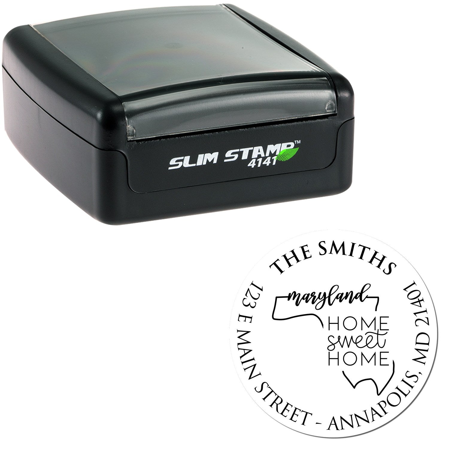 Black Slim Stamp self-inking stamp with clear top and circular custom Maryland home seal in black and white.