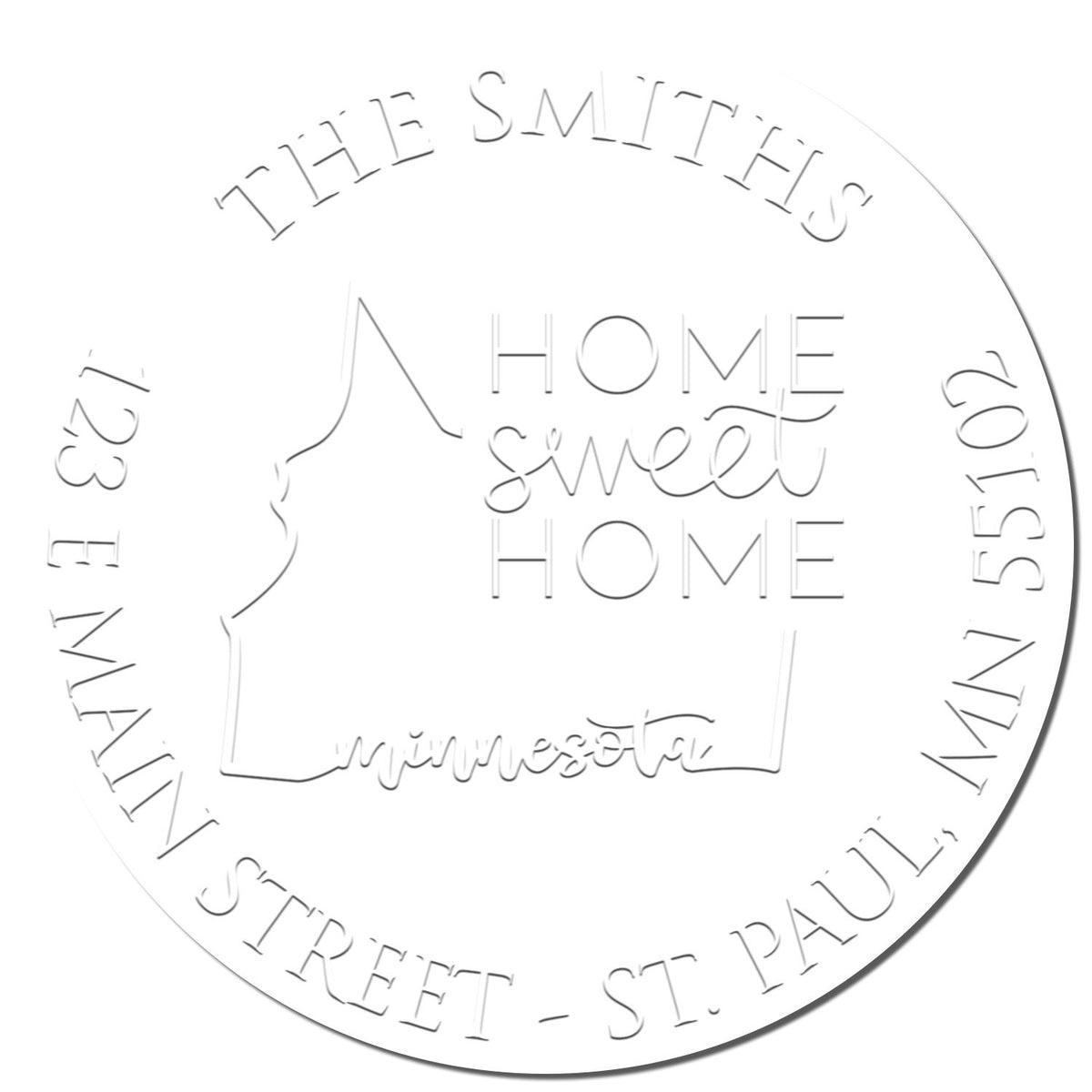 Close-up of a Shiny Round MN Soft Personalizable Mailing Embosser with a State Love Stamps design imprint.