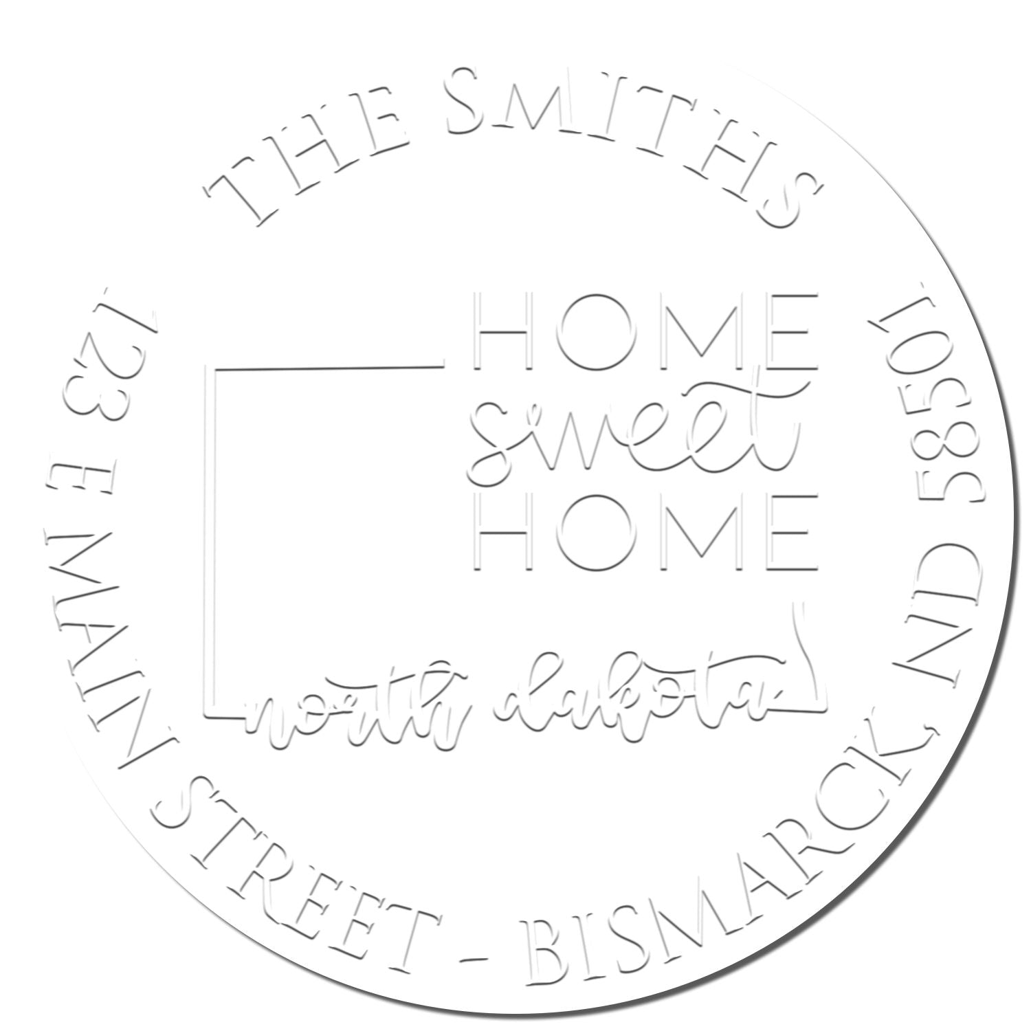 White round custom stamp seal with embossed gray text: The Smiths, Home sweet Home, and address around the edge.