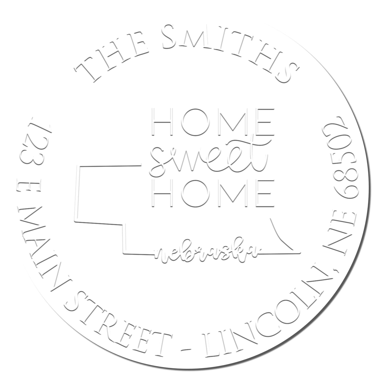 White circular embossing seal stamp with gray cutout text, The Smiths, Home sweet Home, and address details.