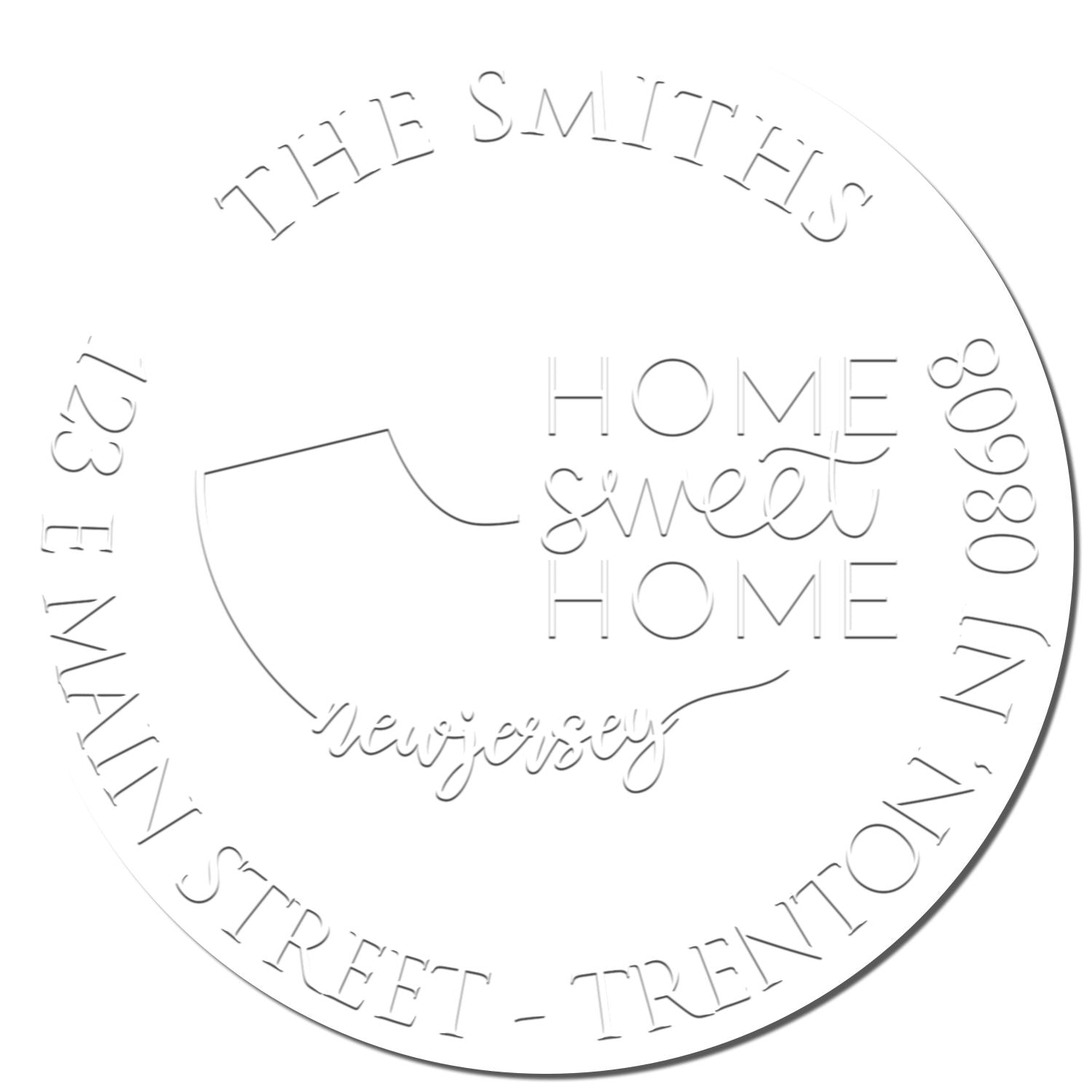 White round embossing stamp seal for The Smiths, with HOME sweet HOME, house outline, and address text.
