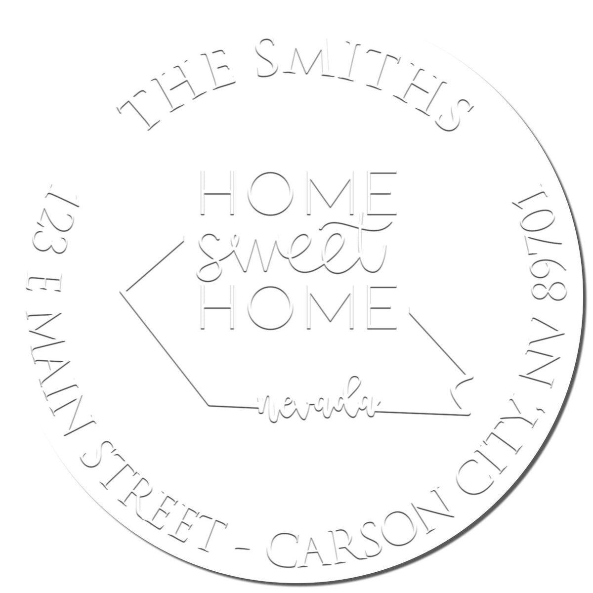 Close-up of a Shiny State Love Stamps Round NV Soft Personalizable Mailing Embossed Seal with an intricate embossed imprint.