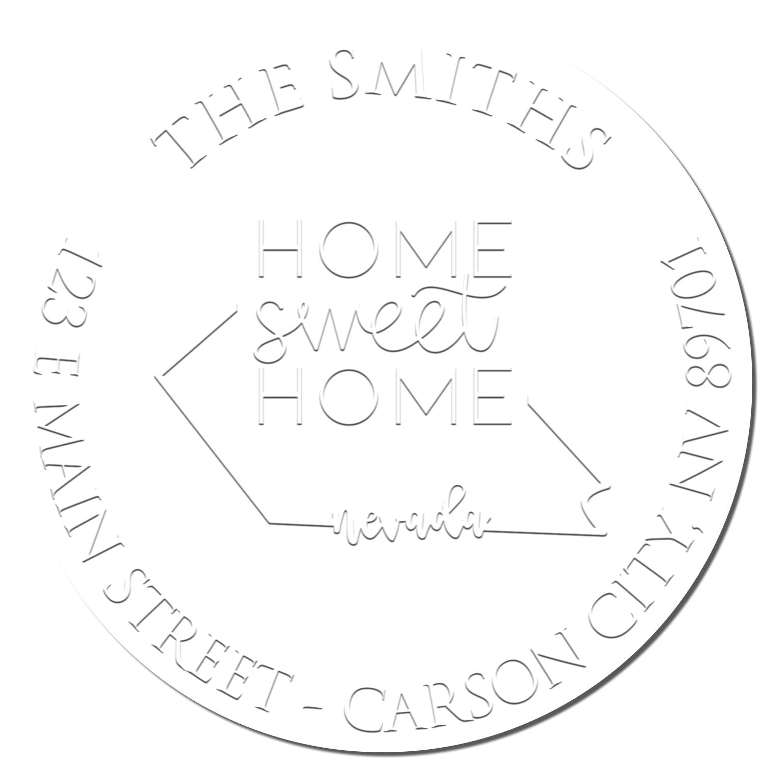White circular embossing stamp seal with Home Sweet Home, a house outline, and arched city-and-street text around the edge.