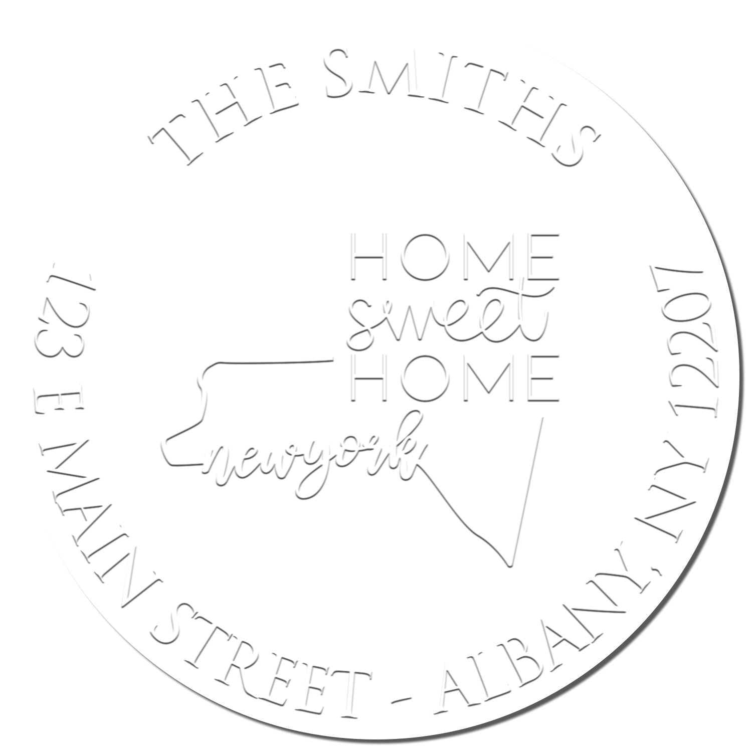 White circular embossing seal stamp with The Smiths, Home Sweet Home, and city names around the edge.