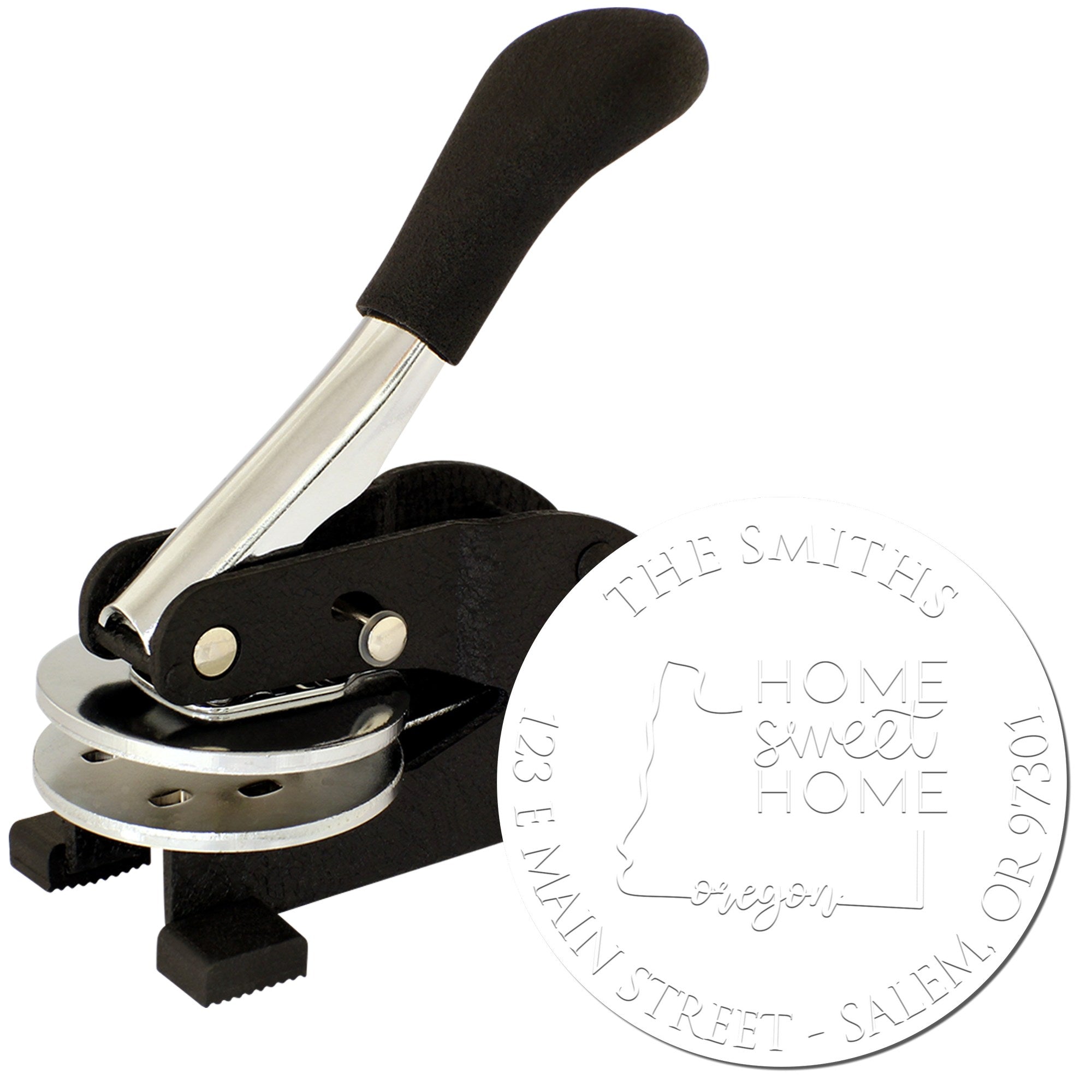 Black and silver custom embossing seal stamp with round engraved seal reading The Smiths, Home Sweet Home, Oregon.