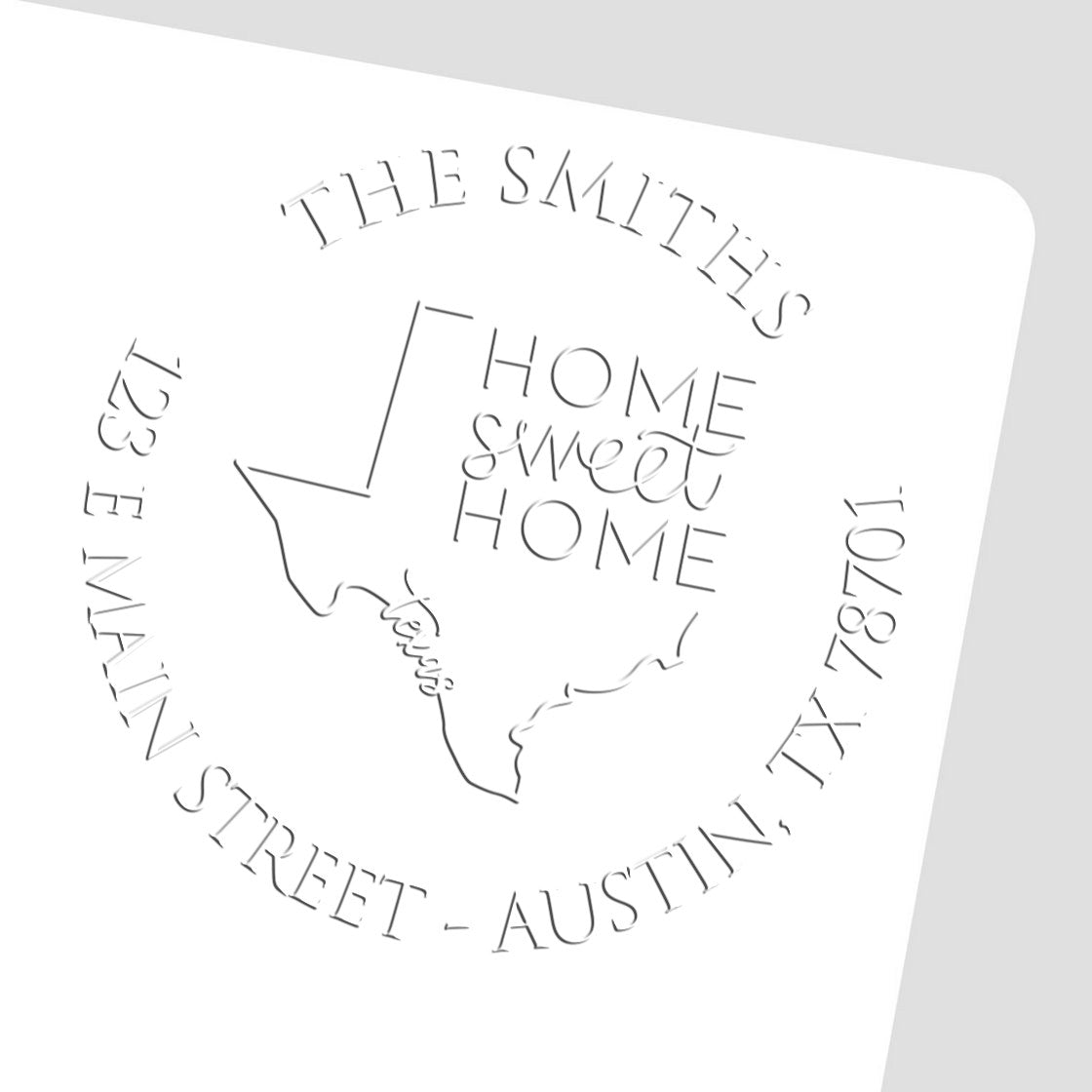 White custom stamp and seal design with gray Texas outline, The Smiths, Home Sweet Home, and Austin, TX address.