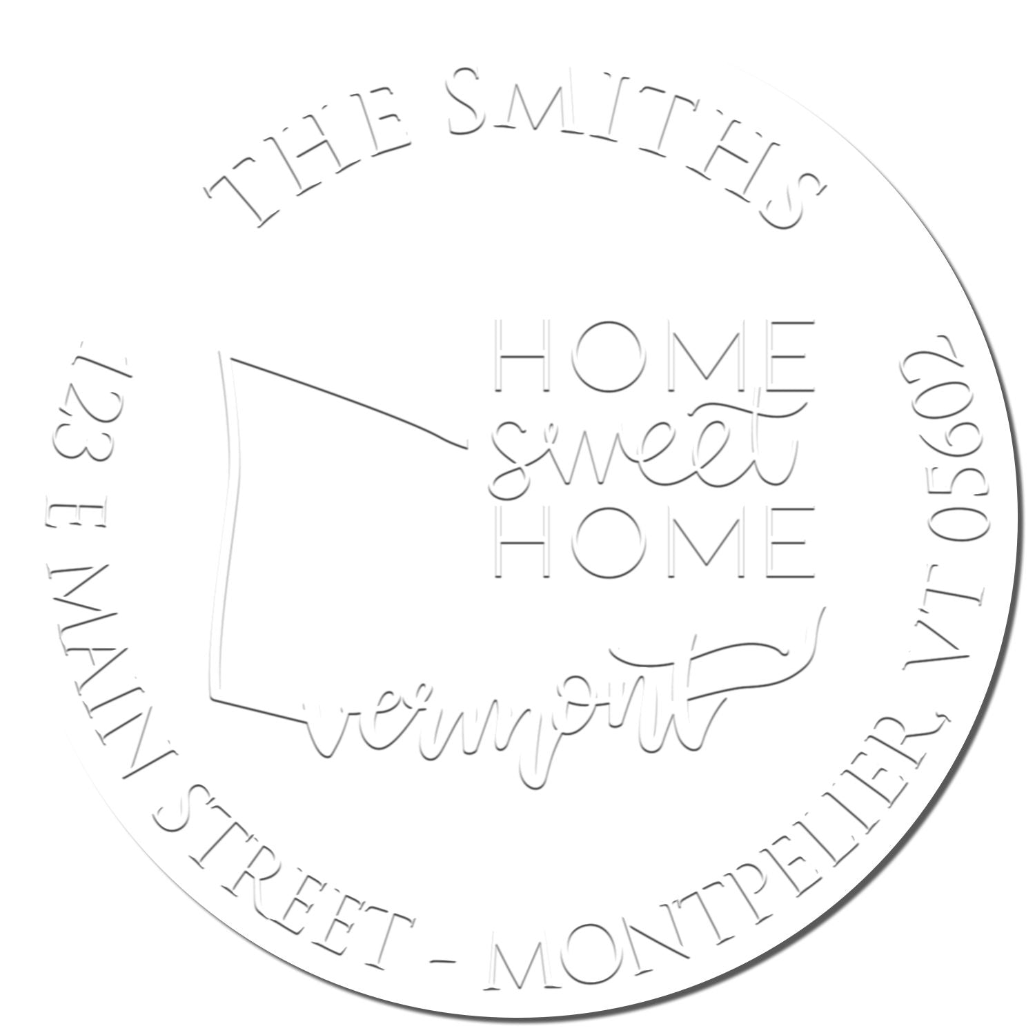 White circular custom embossing seal with The Smiths, Home Sweet Home, and address text around the edge.