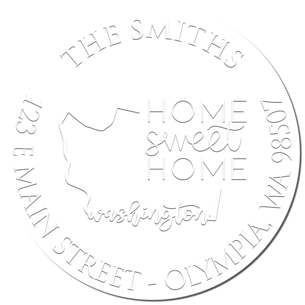 Shiny Round WA Soft Personalizable Home Address Embosser with state love stamp, showing an enlarged embossed imprint of Washington state.
