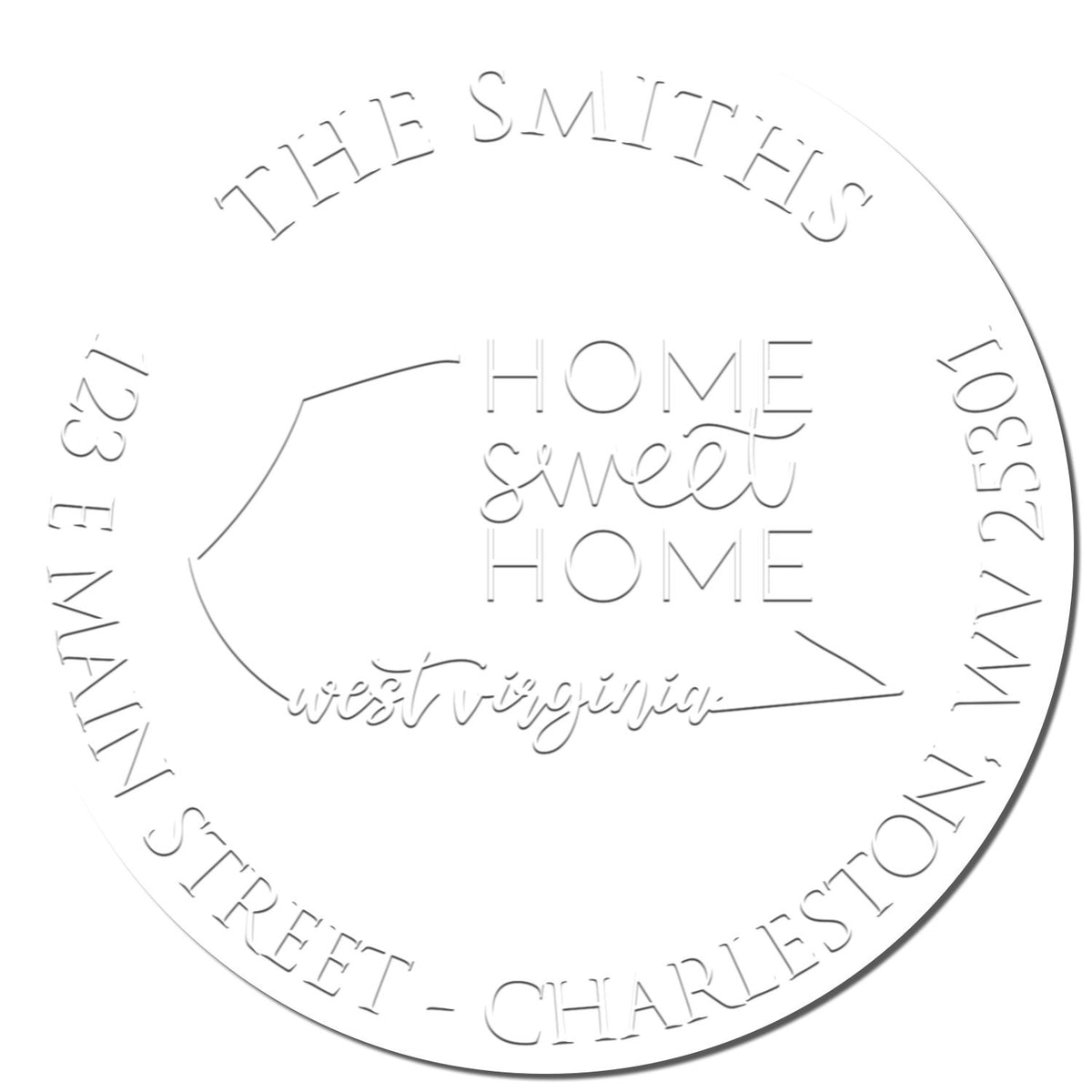 Shiny Round WV Soft Personalizable Home Address Embosser Seal with enlarged imprint showing state outline and address details