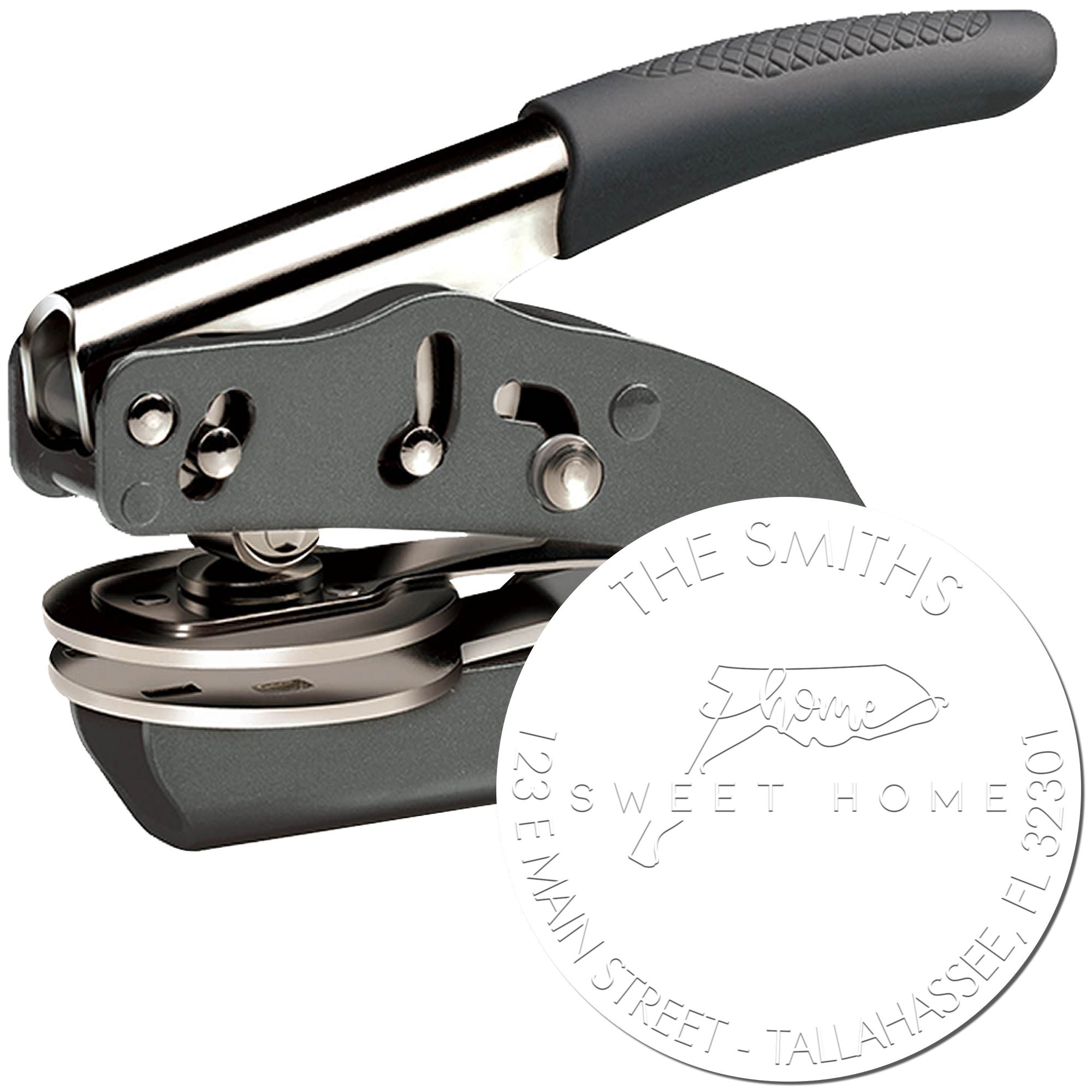 Gray and black handheld embossing stamp and seal with metal handle and circular custom text.