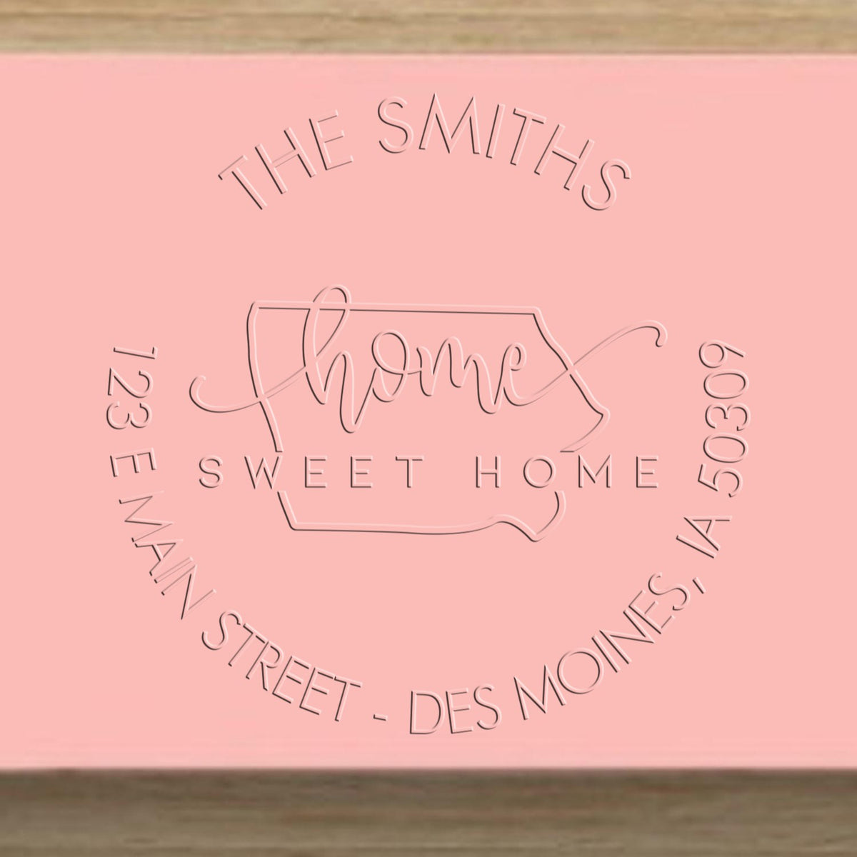 Trodat Home Sweet Home Desk Handcrafted Mail Address Embossed Seal for Iowa with State Love Stamps design in use