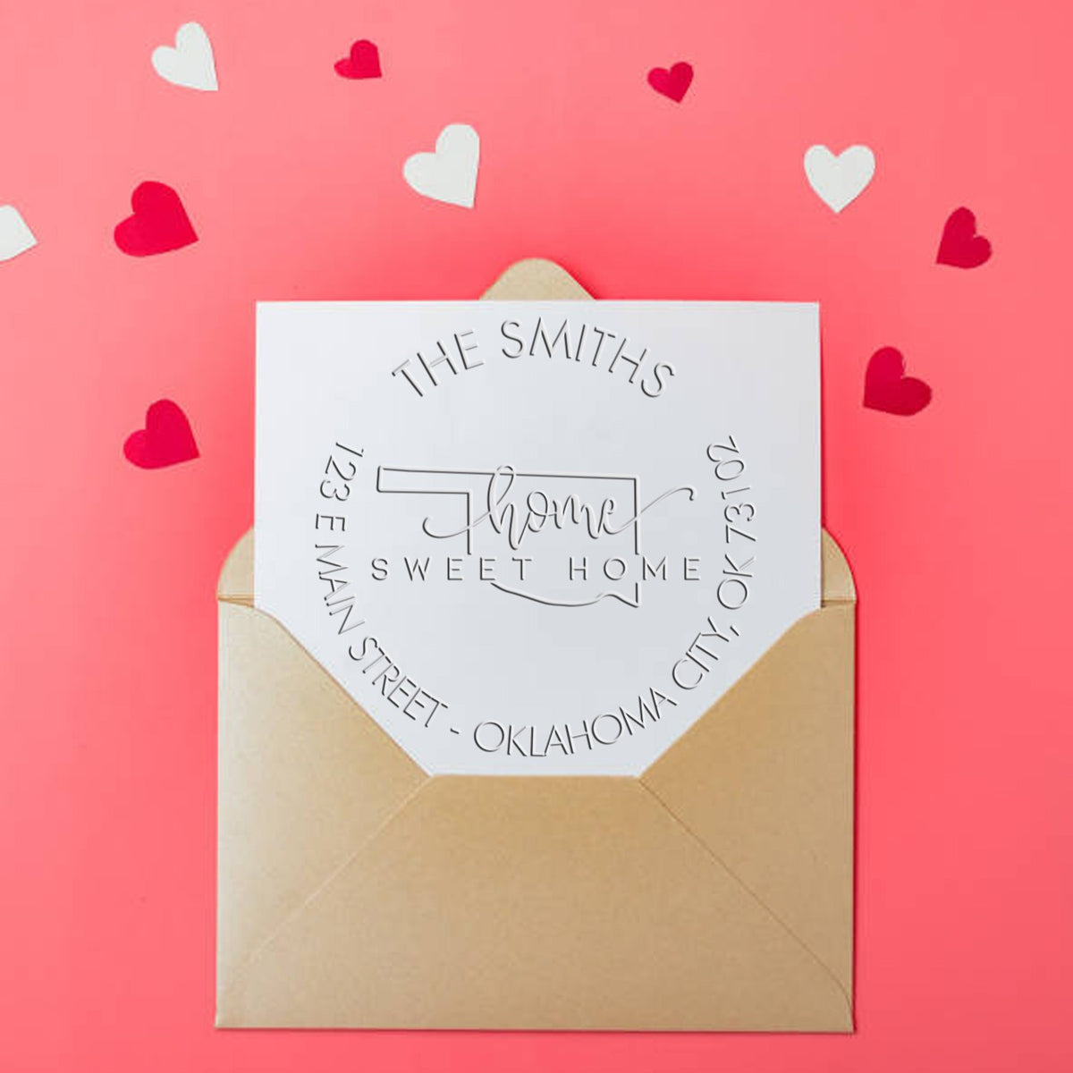 Shiny Sweet Home OK Soft Customized Mailing Address Seal Stamp embosser in use, featuring Oklahoma state design and personalized address.