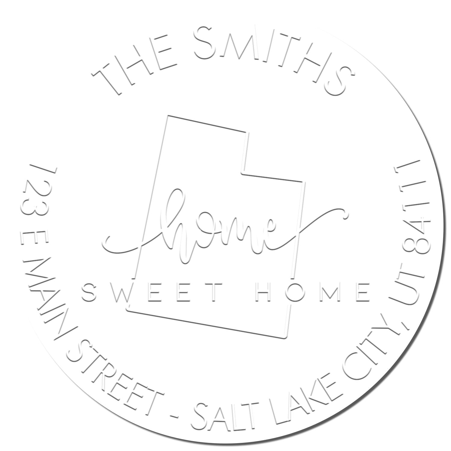 White circular embossed stamp seal with gray The Smiths Sweet Home text and house outline
