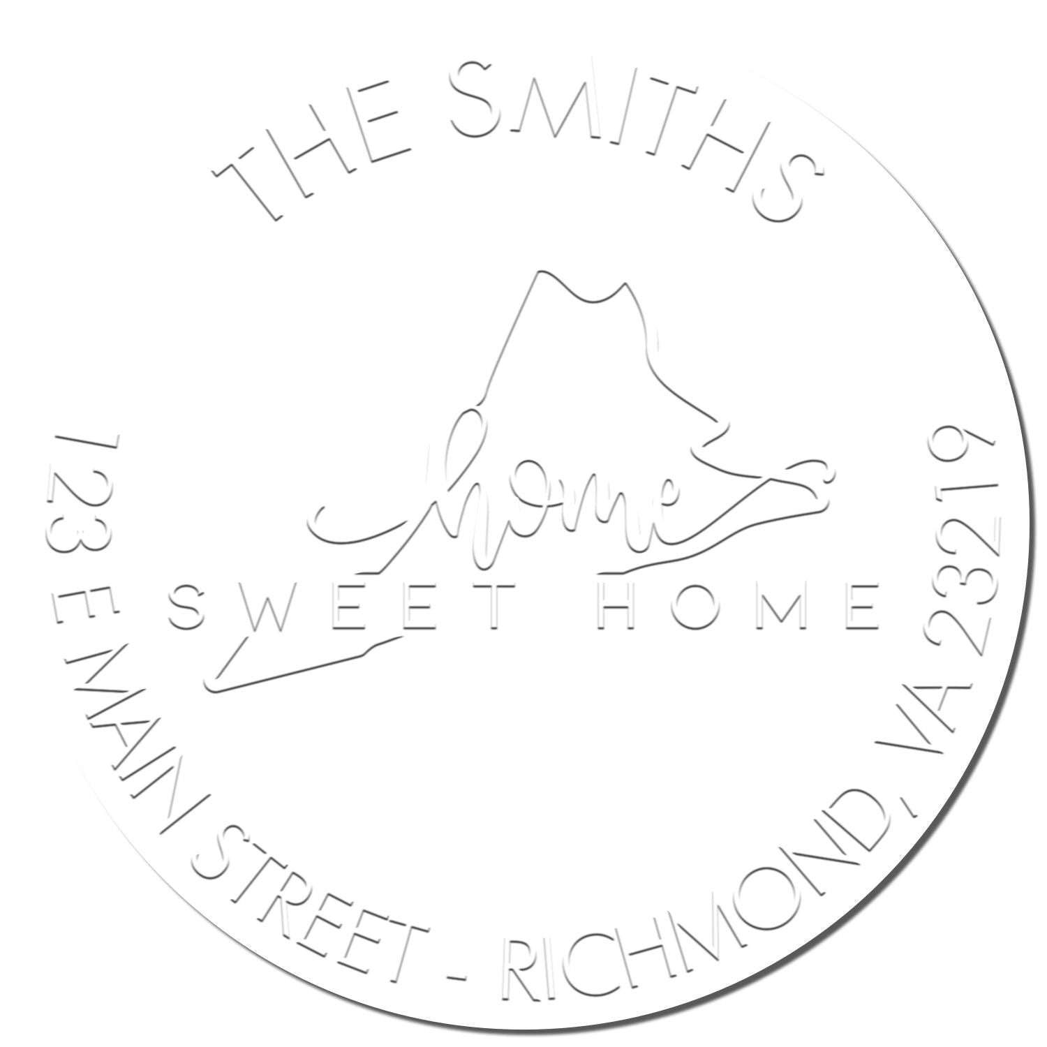 White round embossed custom address stamp seal for The Smiths Sweet Home, with house outline and curved street address.