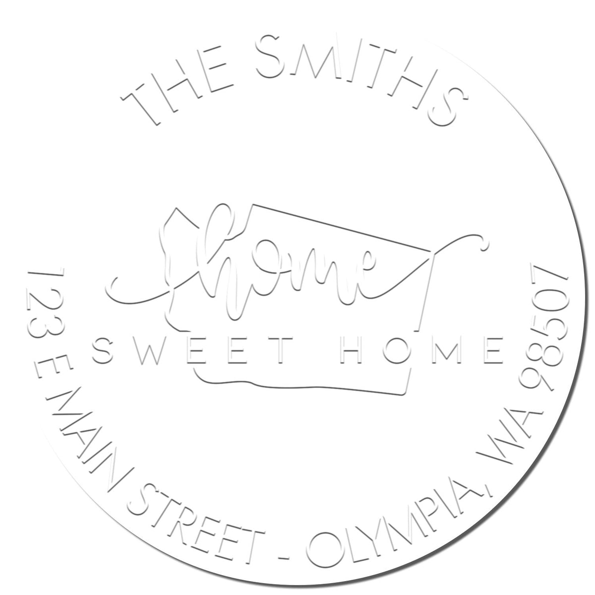 Shiny Sweet Home WA Soft Customized Return Stamp Embosser with enlarged state of Washington seal imprint.