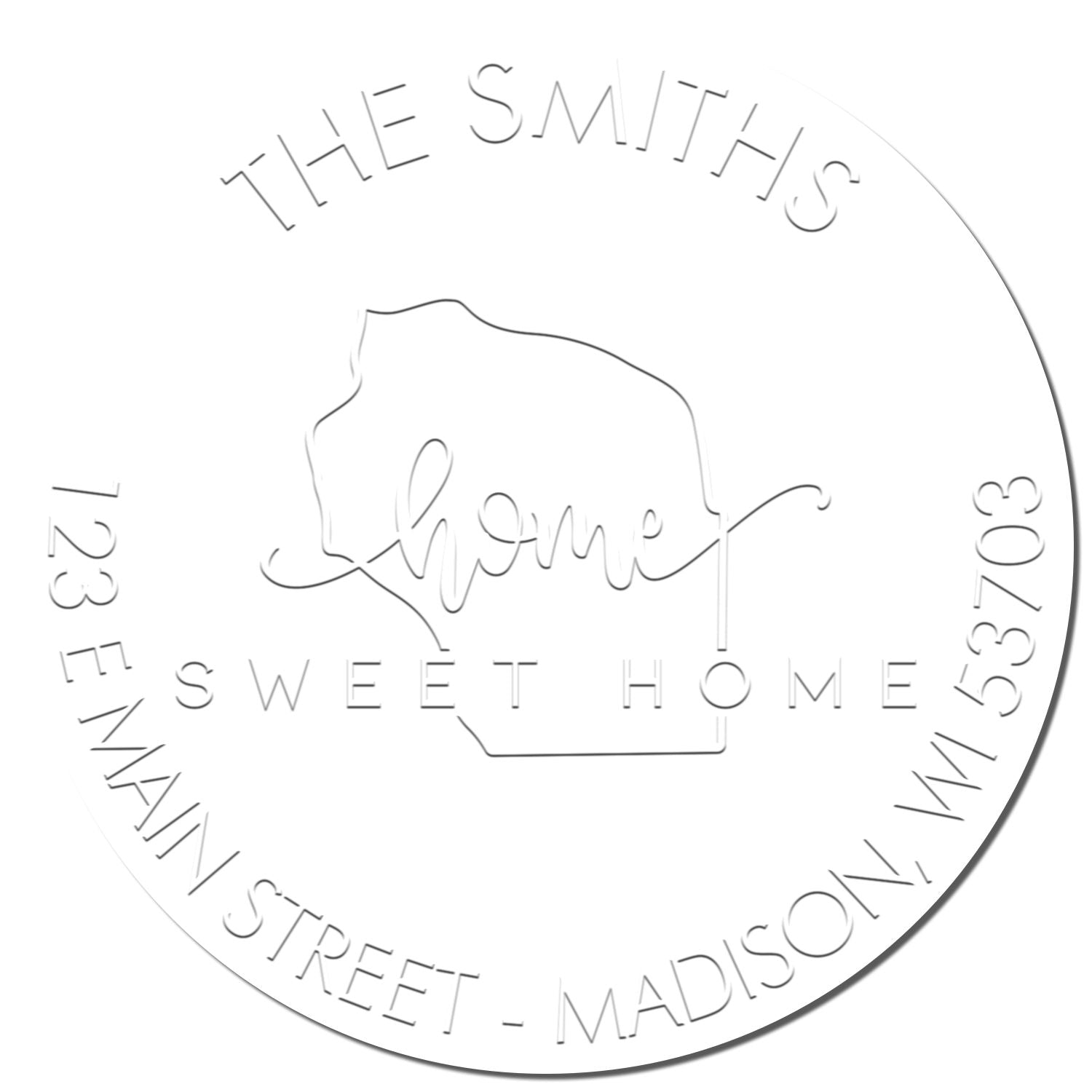 White circular custom stamp seal with embossed The Smiths Sweet Home, house outline, and engraved address around the edge.