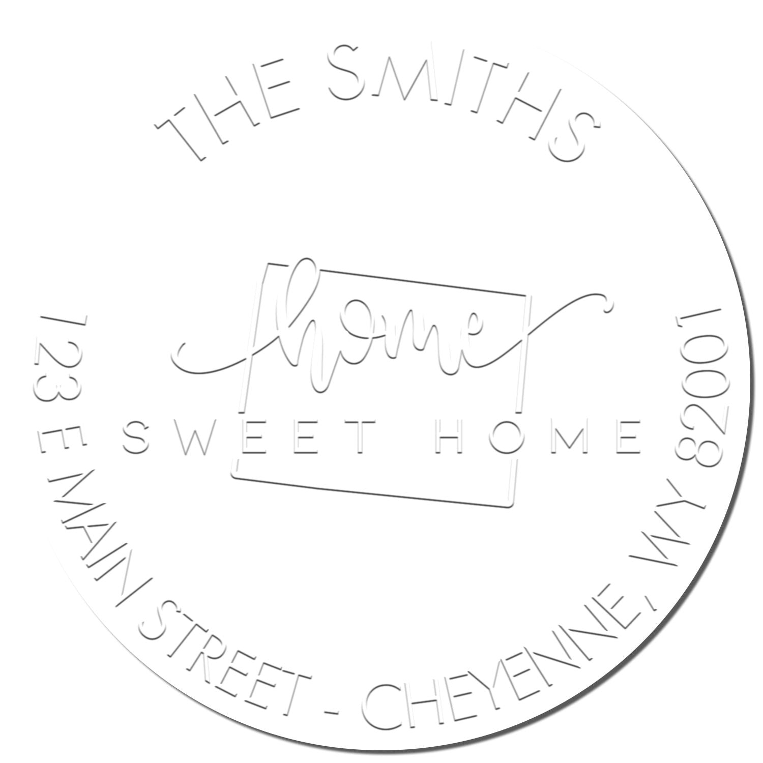 White embossed round stamp seal for The Smiths, with HOME SWEET HOME and curved gray address text.