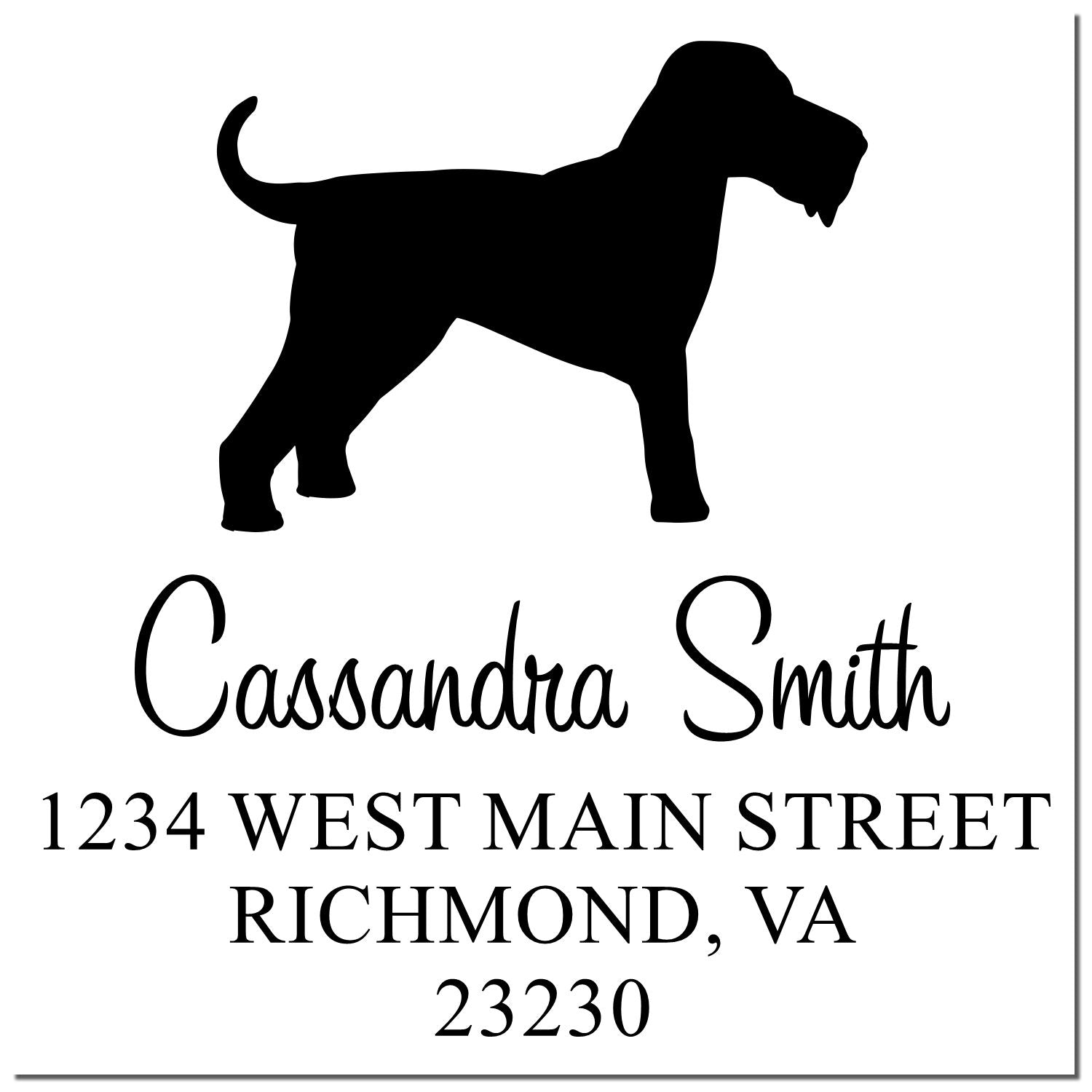 Black custom return address stamp with dog silhouette, Cassandra Smith, 1234 West Main Street, Richmond, VA 23230.
