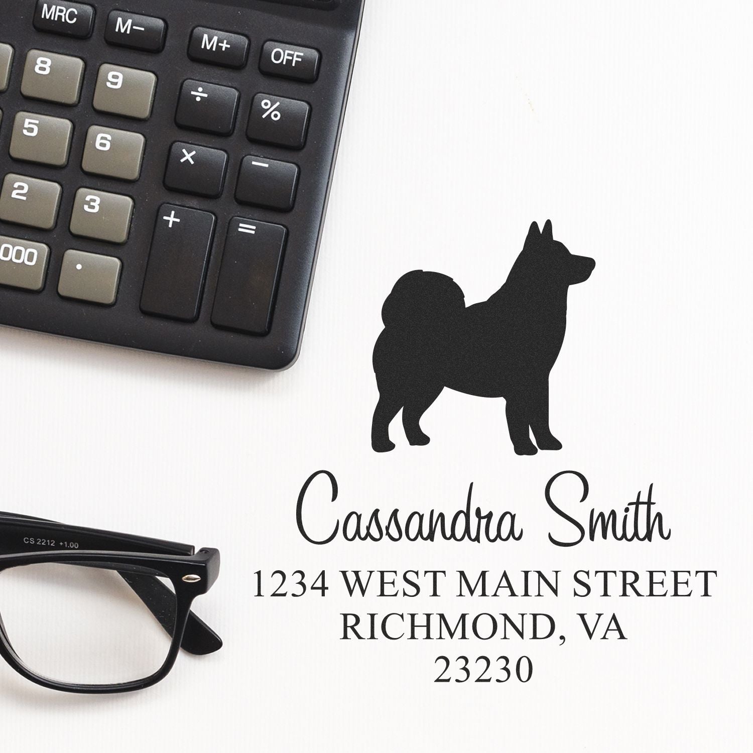 Alaskan Malamute dog stamp with a wood handle, used for address labeling, by ESS, featuring a detailed Alaskan Malamute illustration