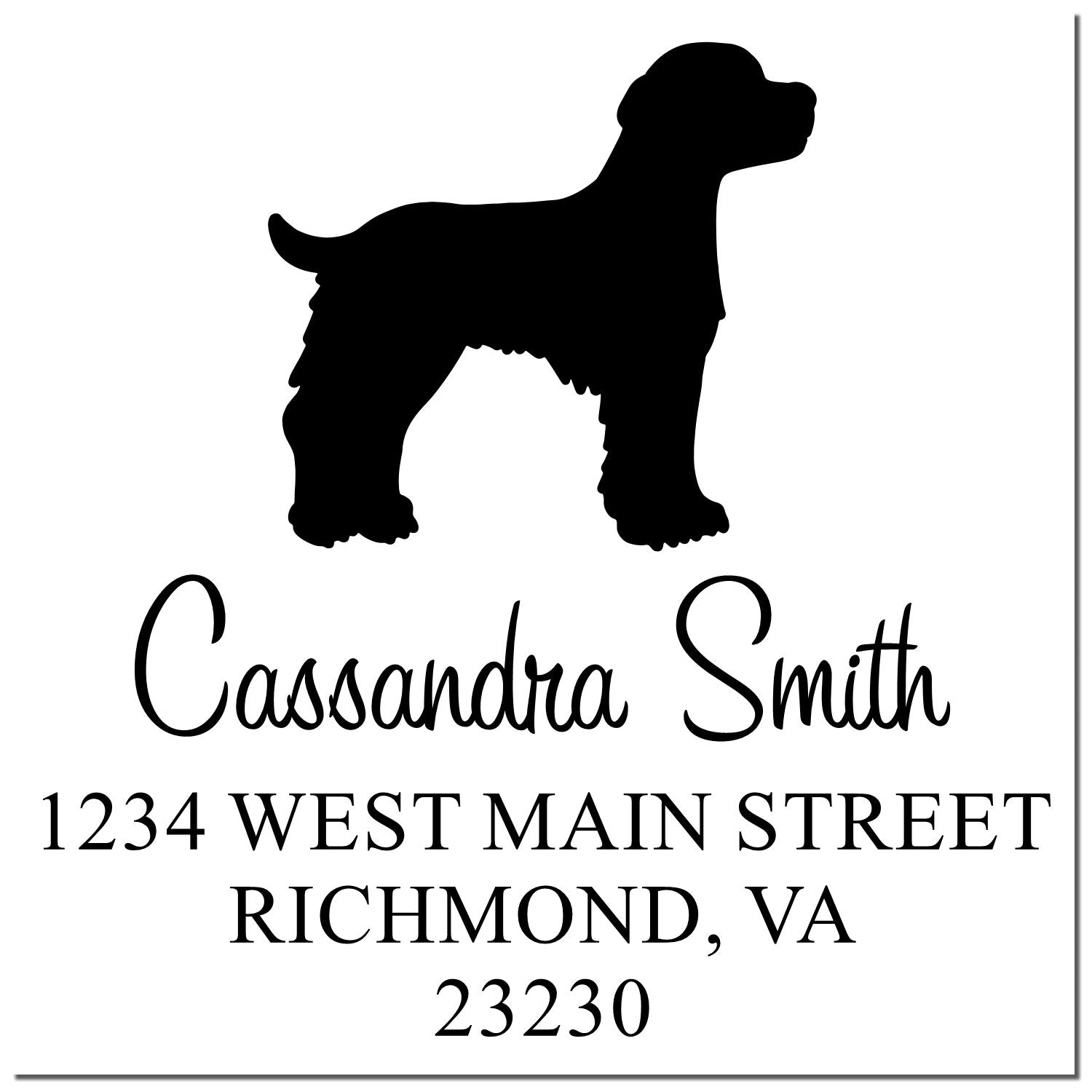 Black rubber dog stamp of a Brittany Spaniel with a wood handle, used for address or return labels by ESS.