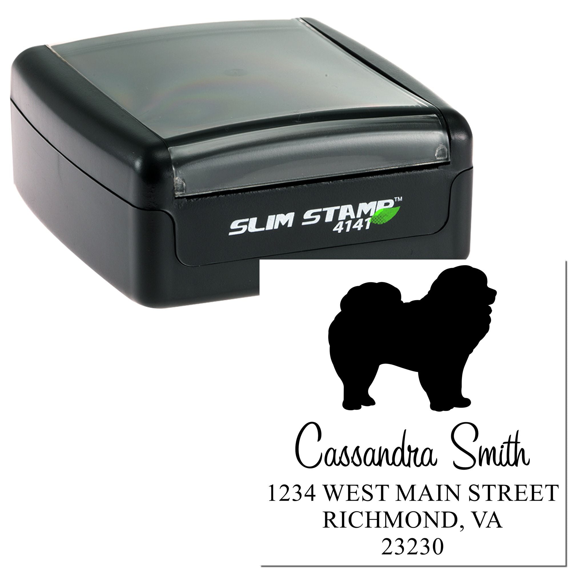 Black Slim Stamp self-inking seal with dog silhouette and custom name and address imprint in black.