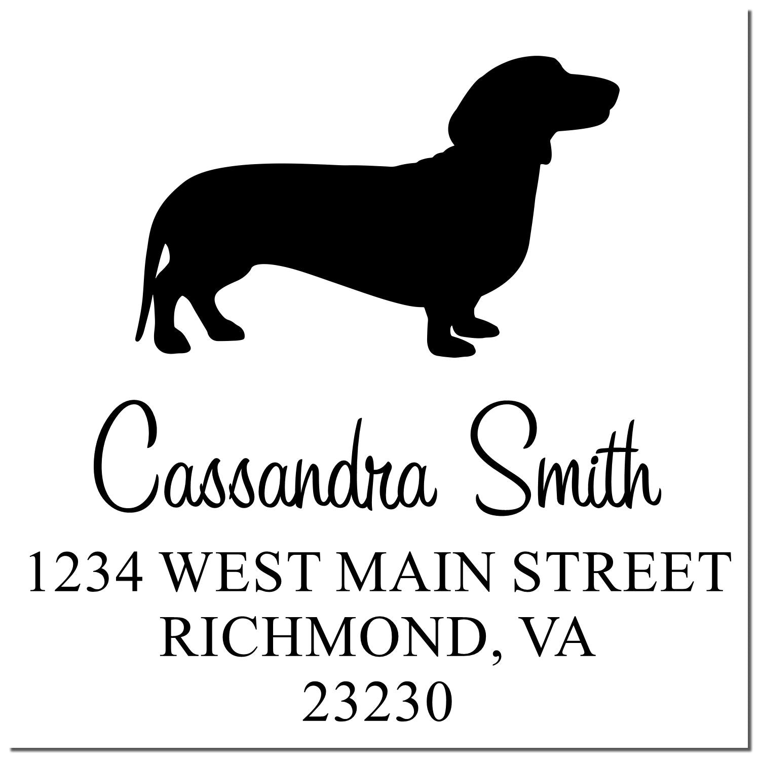Black custom address stamp and seal with dachshund silhouette, Cassandra Smith, and Richmond, VA address in elegant lettering.