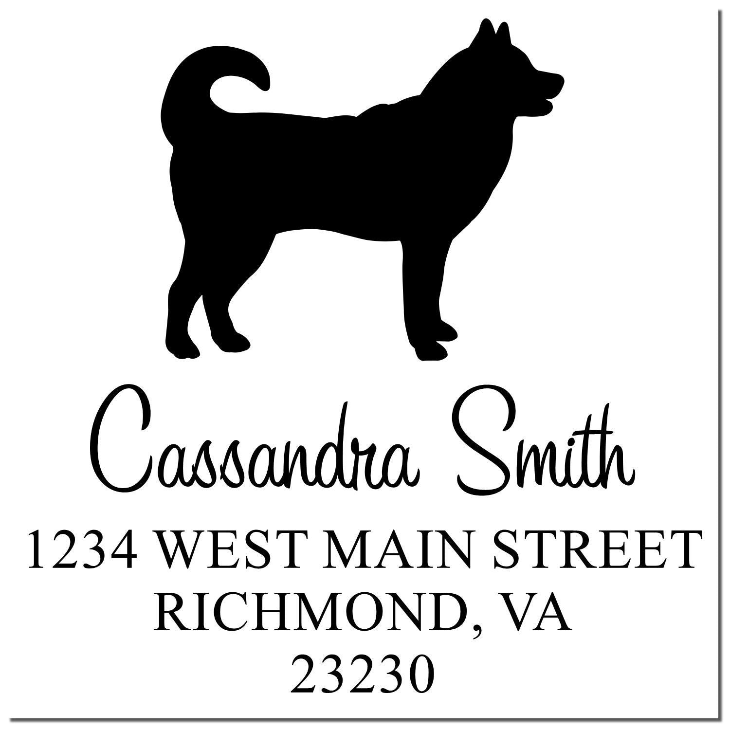 Custom return address stamp and seal with black dog silhouette, Cassandra Smith, and Richmond VA address on white background.