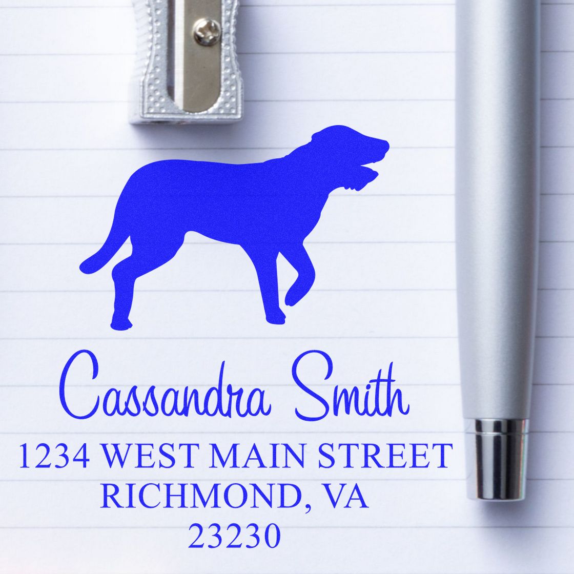 Blue dog silhouette custom stamp and seal with Cassandra Smith and Richmond, VA address on lined paper.