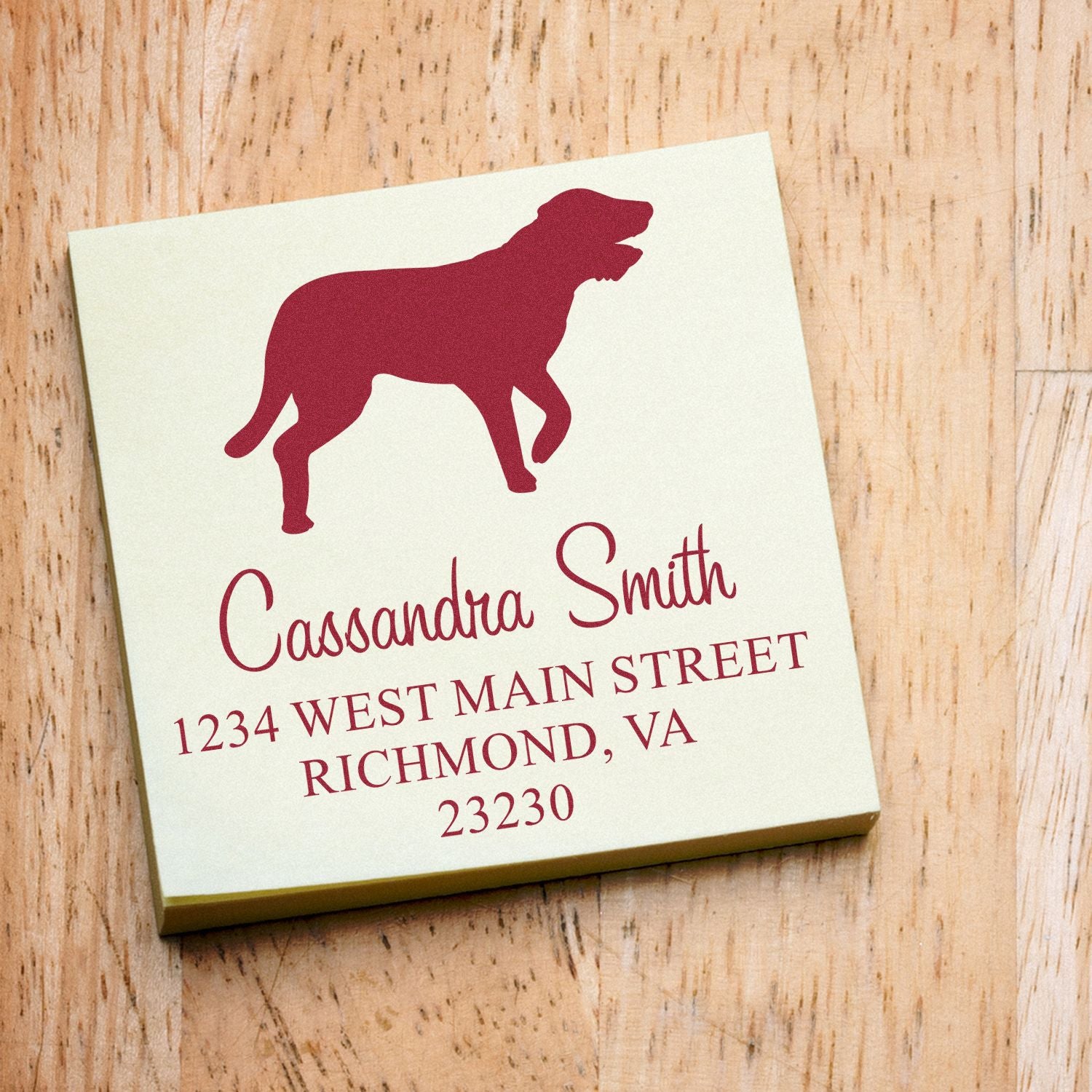Personalized burgundy dog stamp and seal on cream square, reading Cassandra Smith with Richmond, VA address.