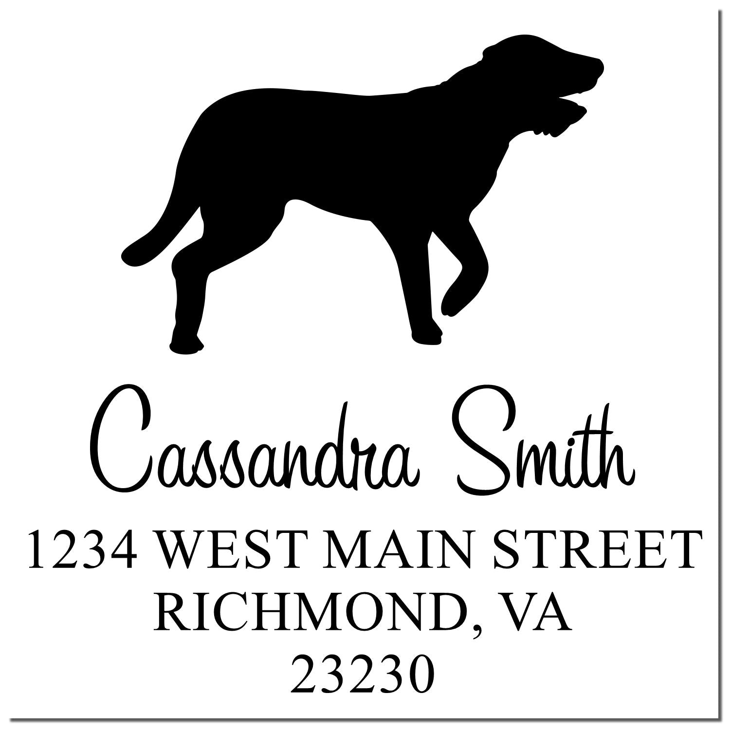 Custom black dog return address stamp and seal for Cassandra Smith, 1234 West Main Street, Richmond, VA 23230