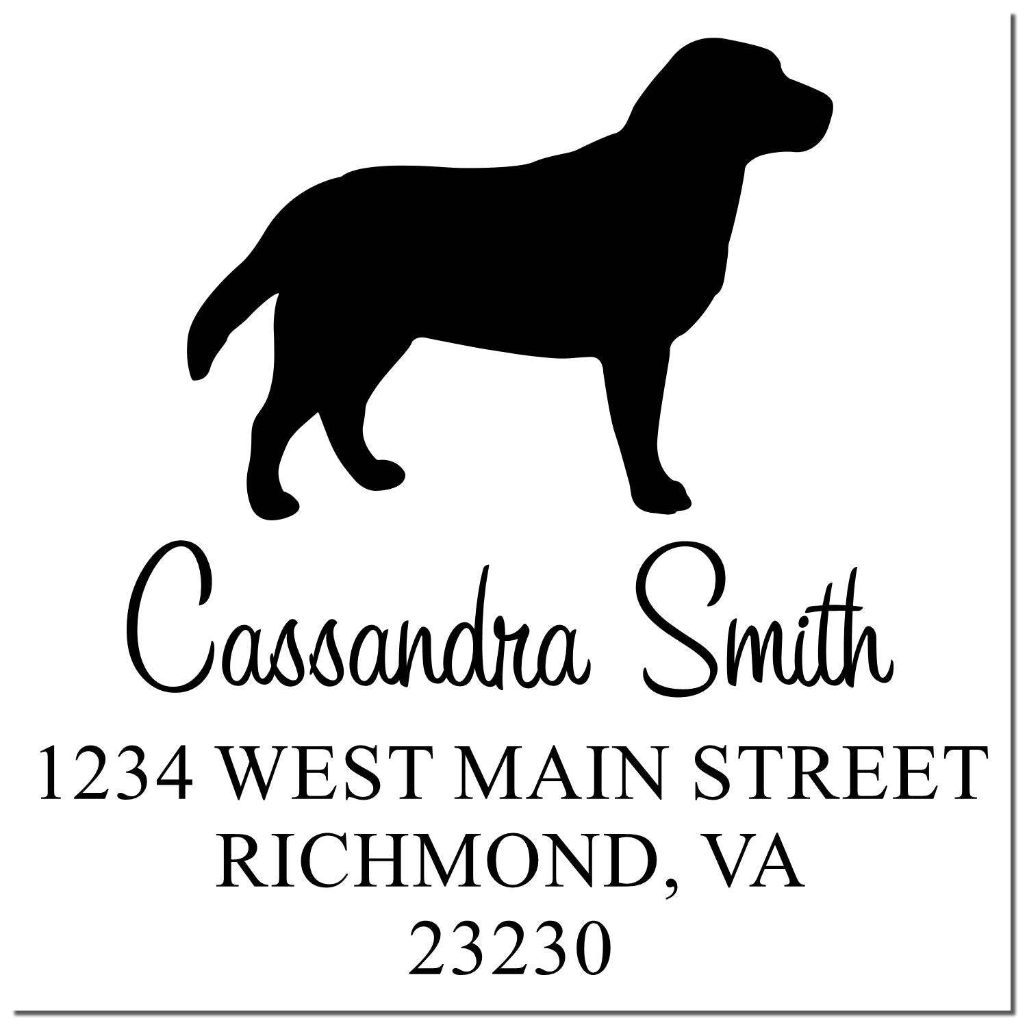 Black custom address stamp with dog silhouette, Cassandra Smith, and Richmond, VA 23230 on a white background.