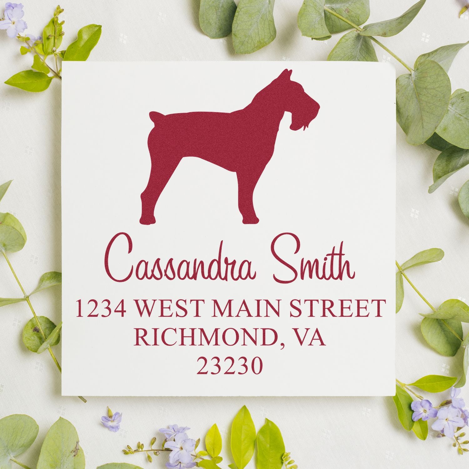 Wood handle Schnauzer rubber stamp with custom address label design, ideal for dog-themed mailing or crafting projects.