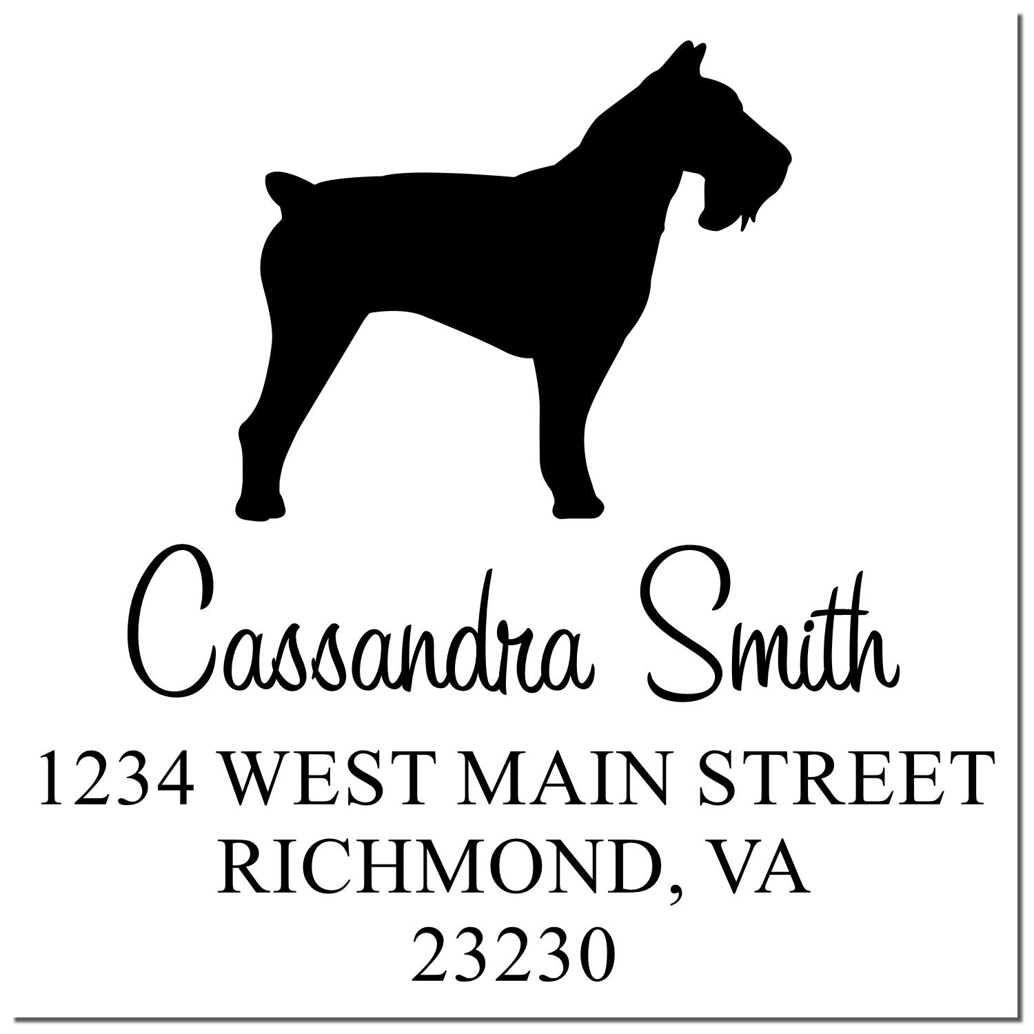 Black rubber dog stamp featuring Schnauzer design with wood handle, custom address label stamp from ESS.