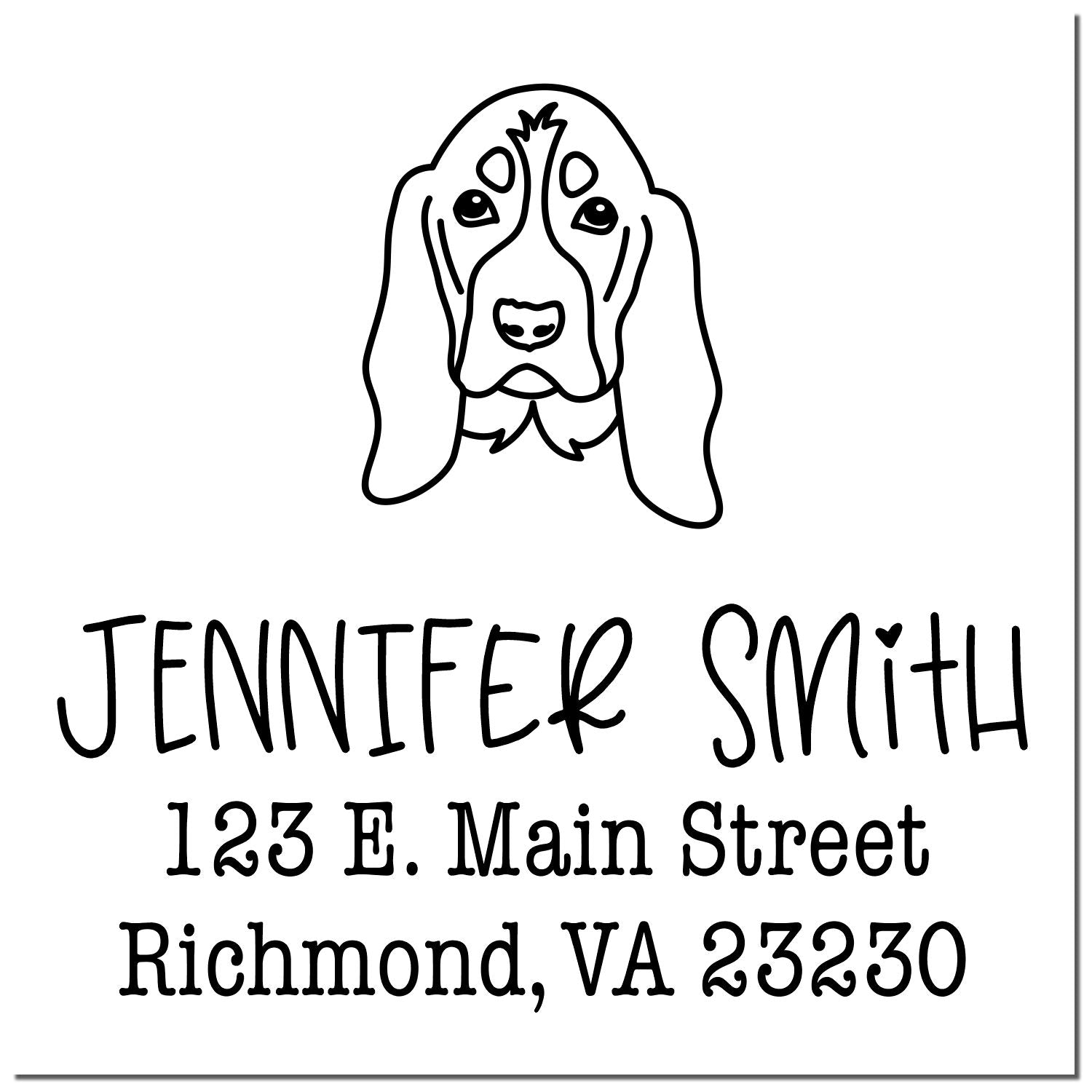 Black-and-white custom stamp seal with dog logo and text: Jennifer Smith, 123 E. Main Street, Richmond, VA 23230.