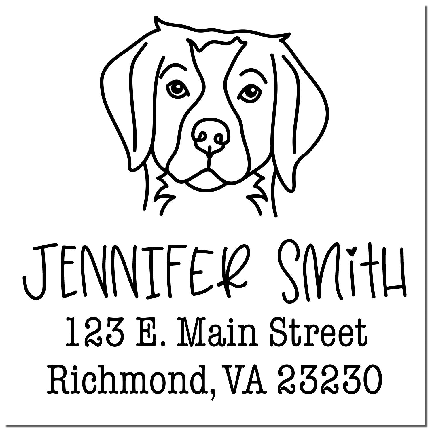 Black rubber stamp featuring a detailed Brittany Spaniel dog design with a wood handle, for custom address stamping by ESS.
