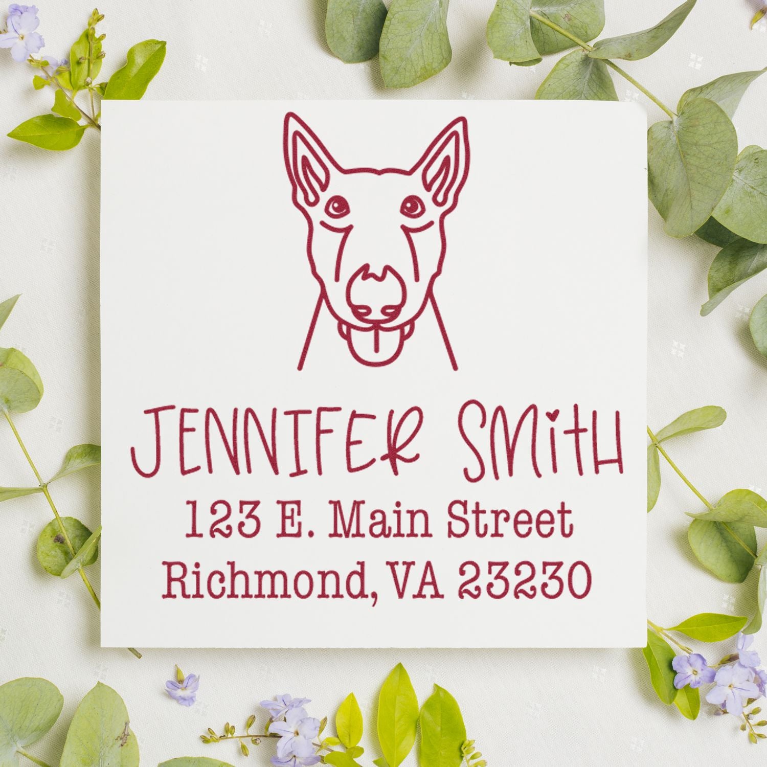 Custom burgundy stamp and seal design with dog line-art, Jennifer Smith, and Richmond, VA address on white card.
