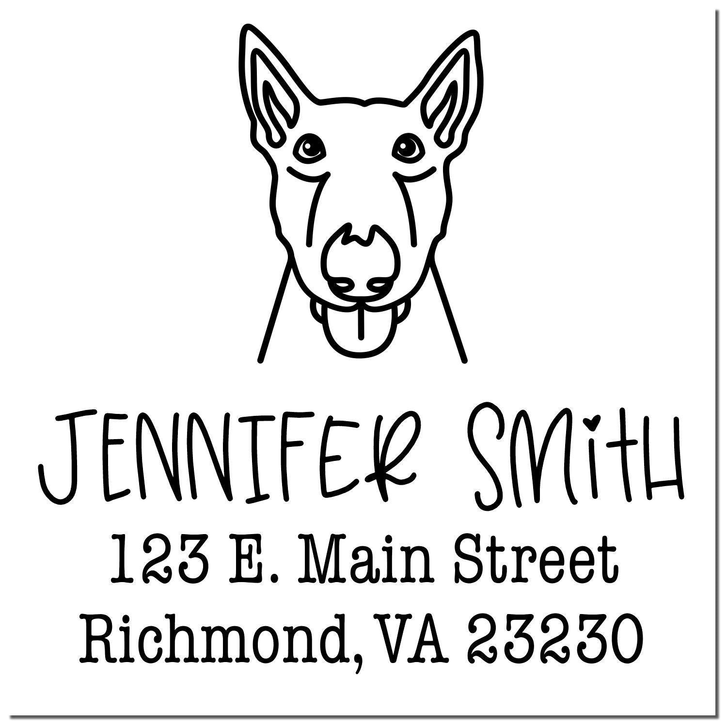 Black-and-white dog head seal for Jennifer Smith stamp and seal, with 123 E. Main Street, Richmond, VA 23230