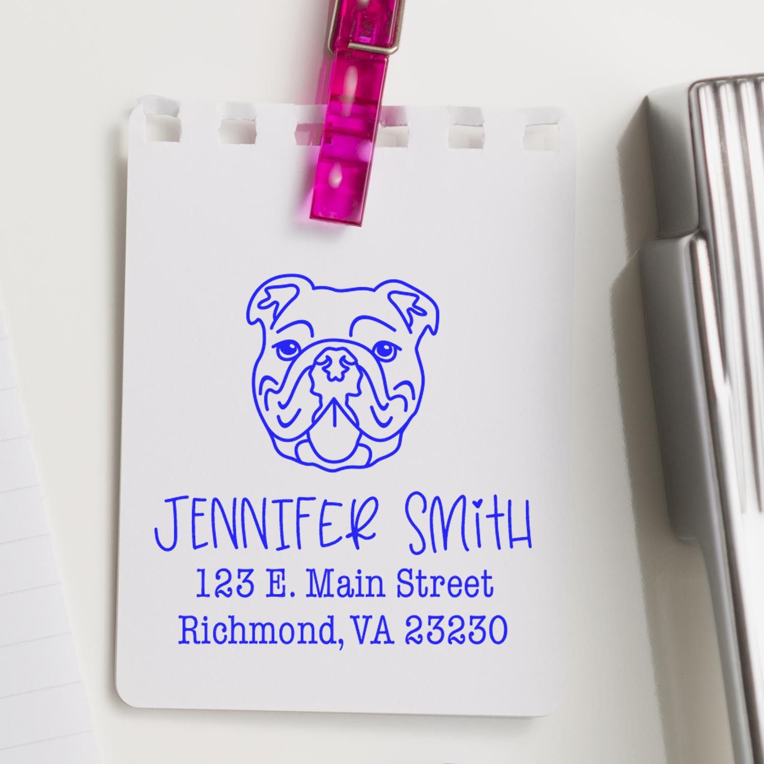 Custom blue bulldog address stamp with pink seal clip on white card