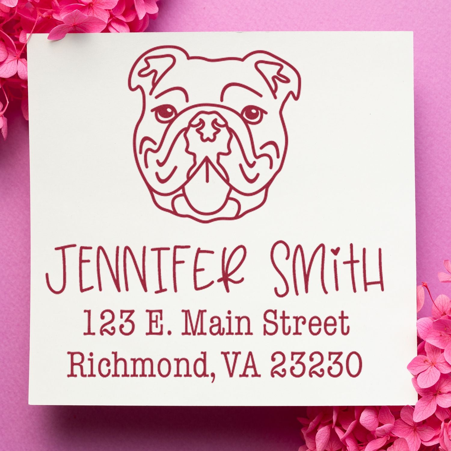 Burgundy bulldog address stamp and seal for Jennifer Smith on a white card with pink flowers