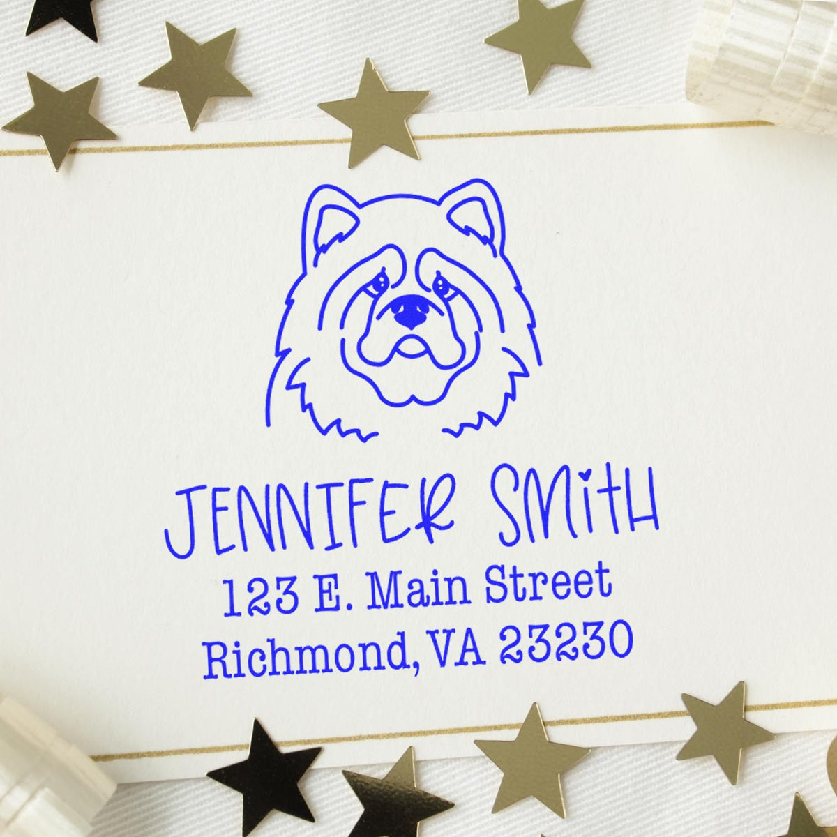 Blue custom address stamp and seal with bulldog logo, Jennifer Smith, Richmond VA address, on white card with gold stars.
