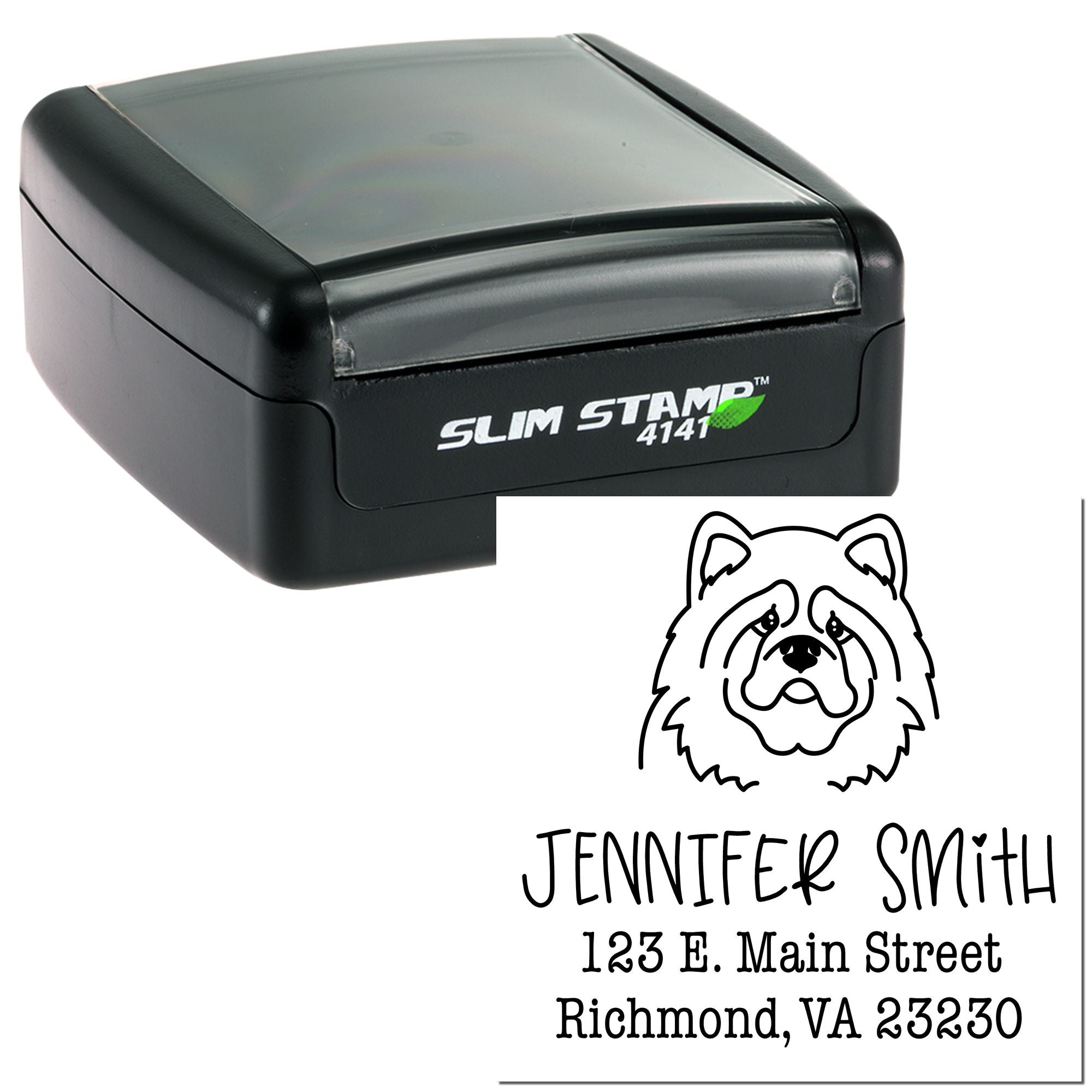 Black Slim Stamp 4141 self-inking stamp with custom bulldog return address seal for Jennifer Smith, white imprint.